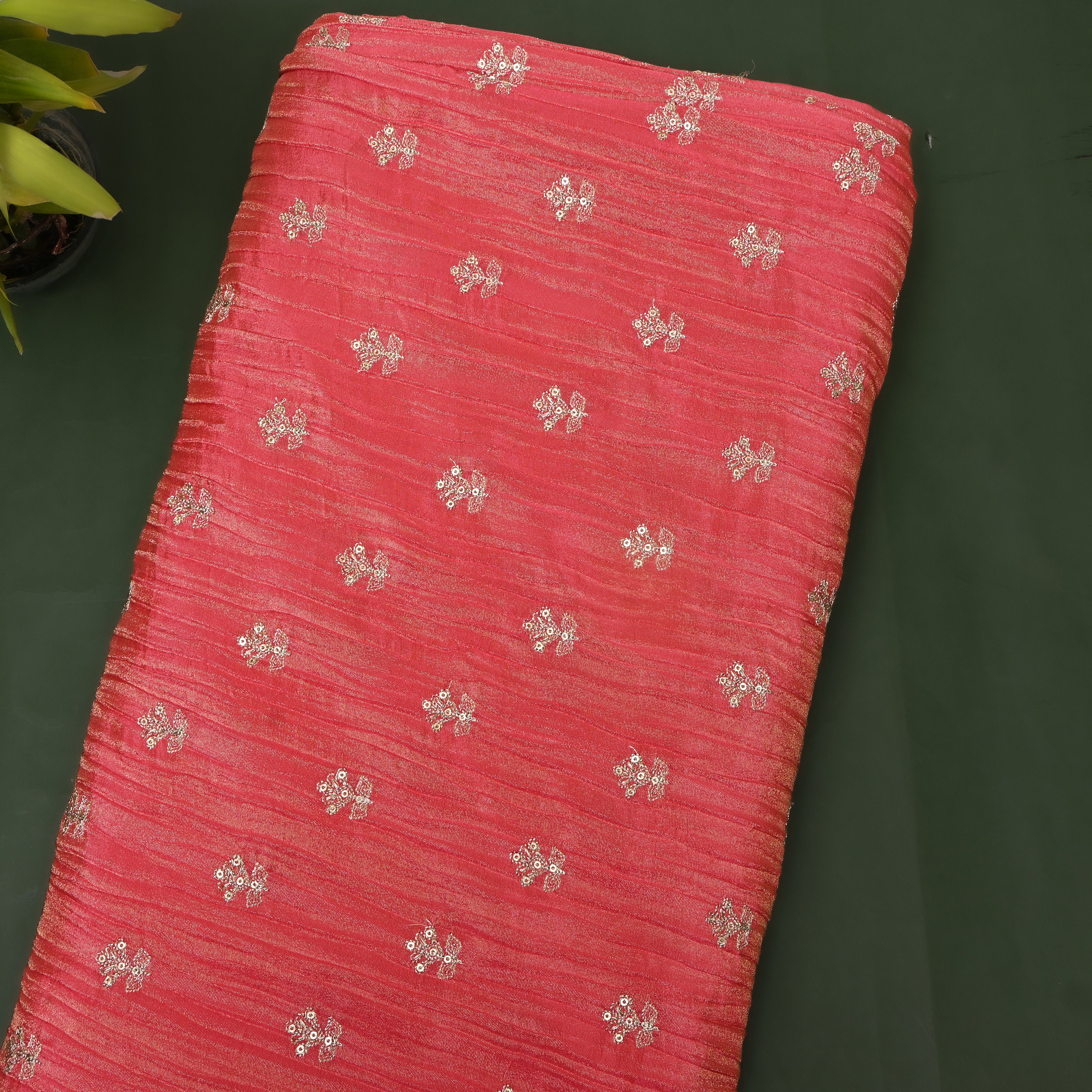 Rani Pink Zari Buti Sequin Embroidery Tissue Fabric