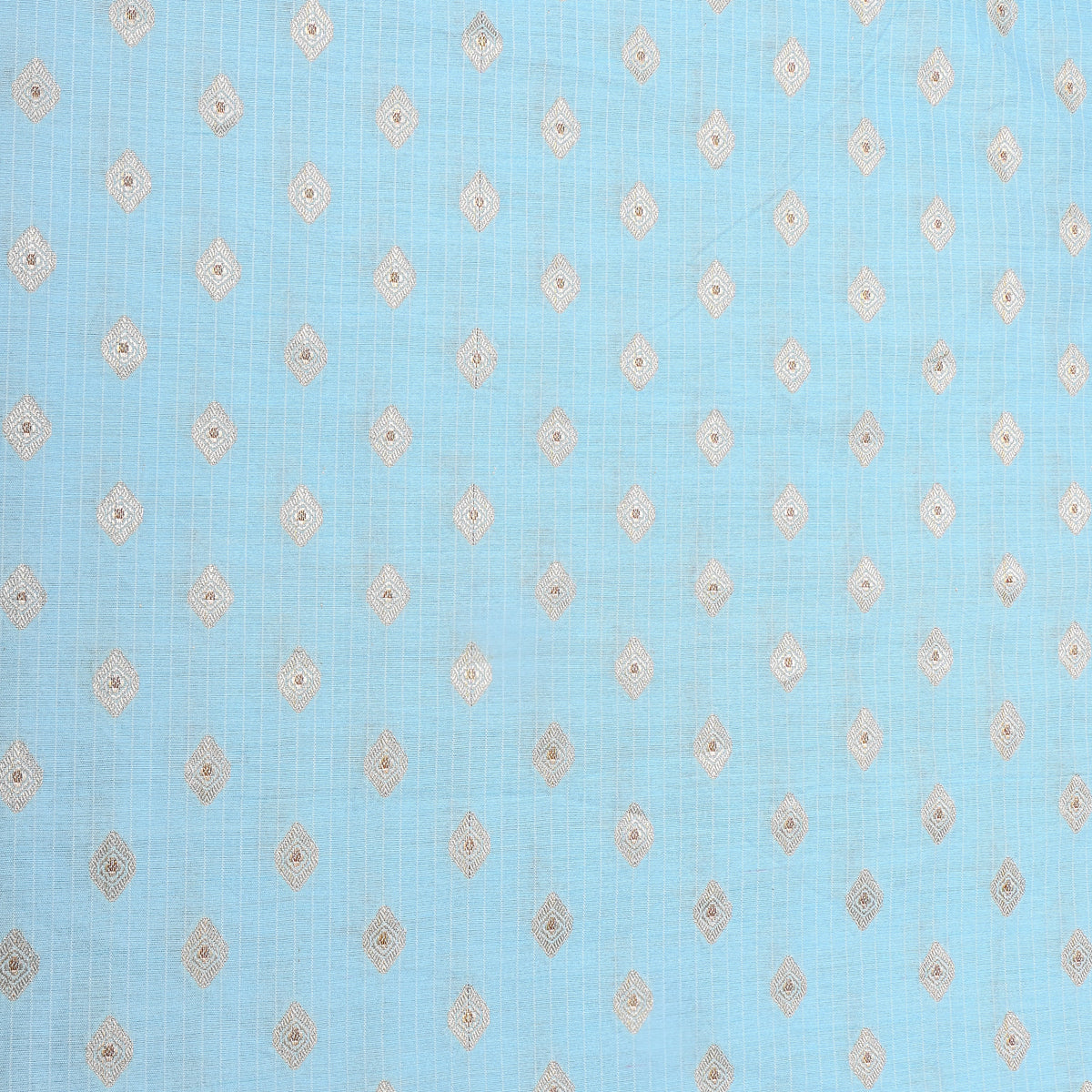 Sky Blue Silver Zari Diamond Butti Stripe Jamawar Silk Fabric