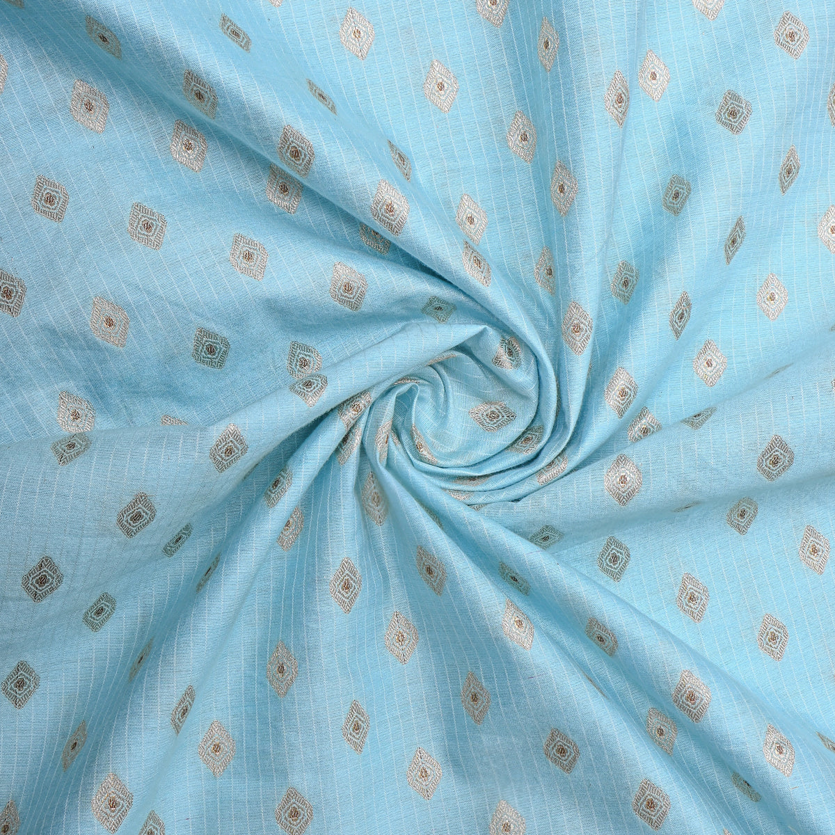 Sky Blue Silver Zari Diamond Butti Stripe Jamawar Silk Fabric