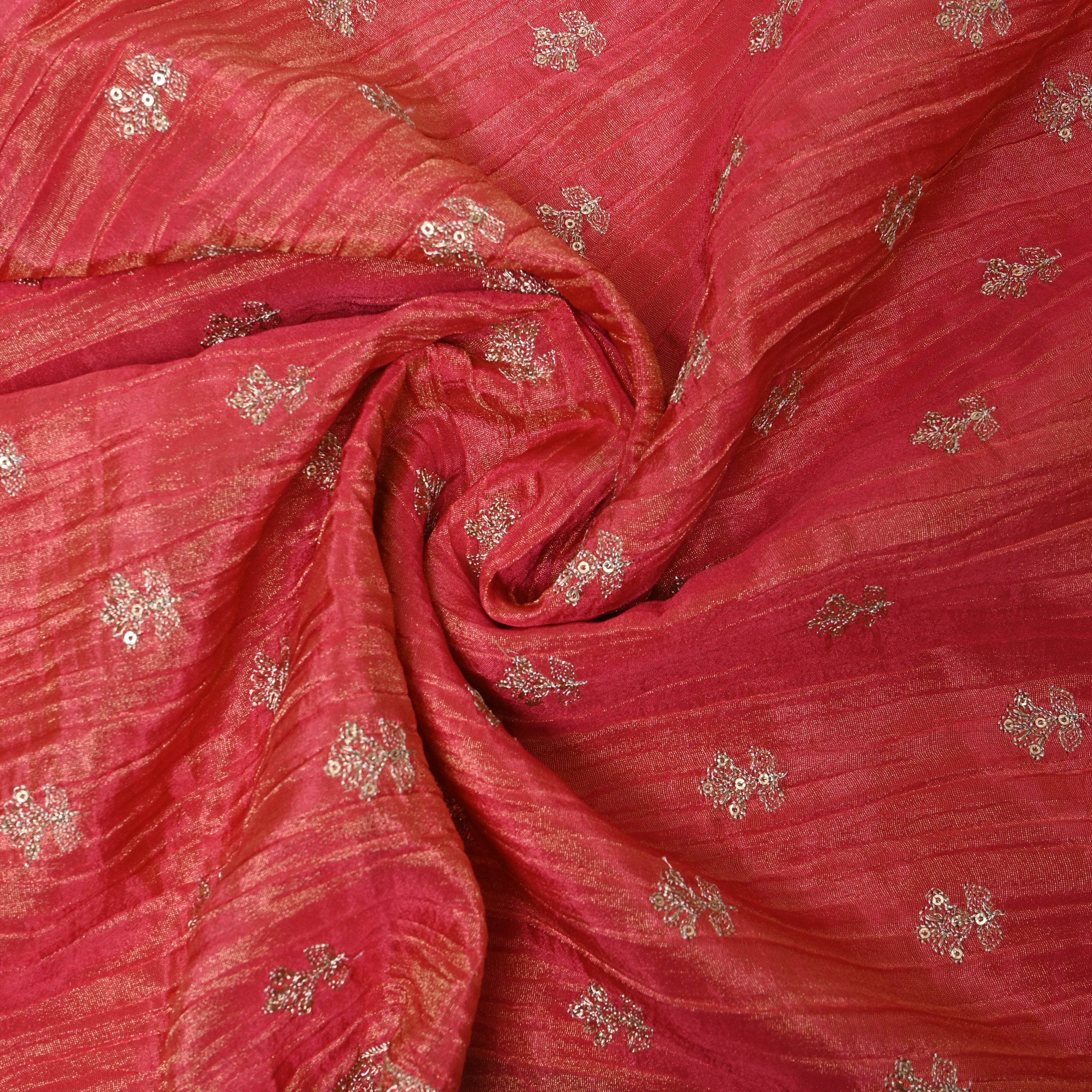 Rani Pink Zari Buti Sequin Embroidery Tissue Fabric