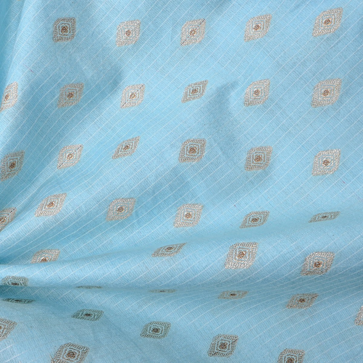 Sky Blue Silver Zari Diamond Butti Stripe Jamawar Silk Fabric