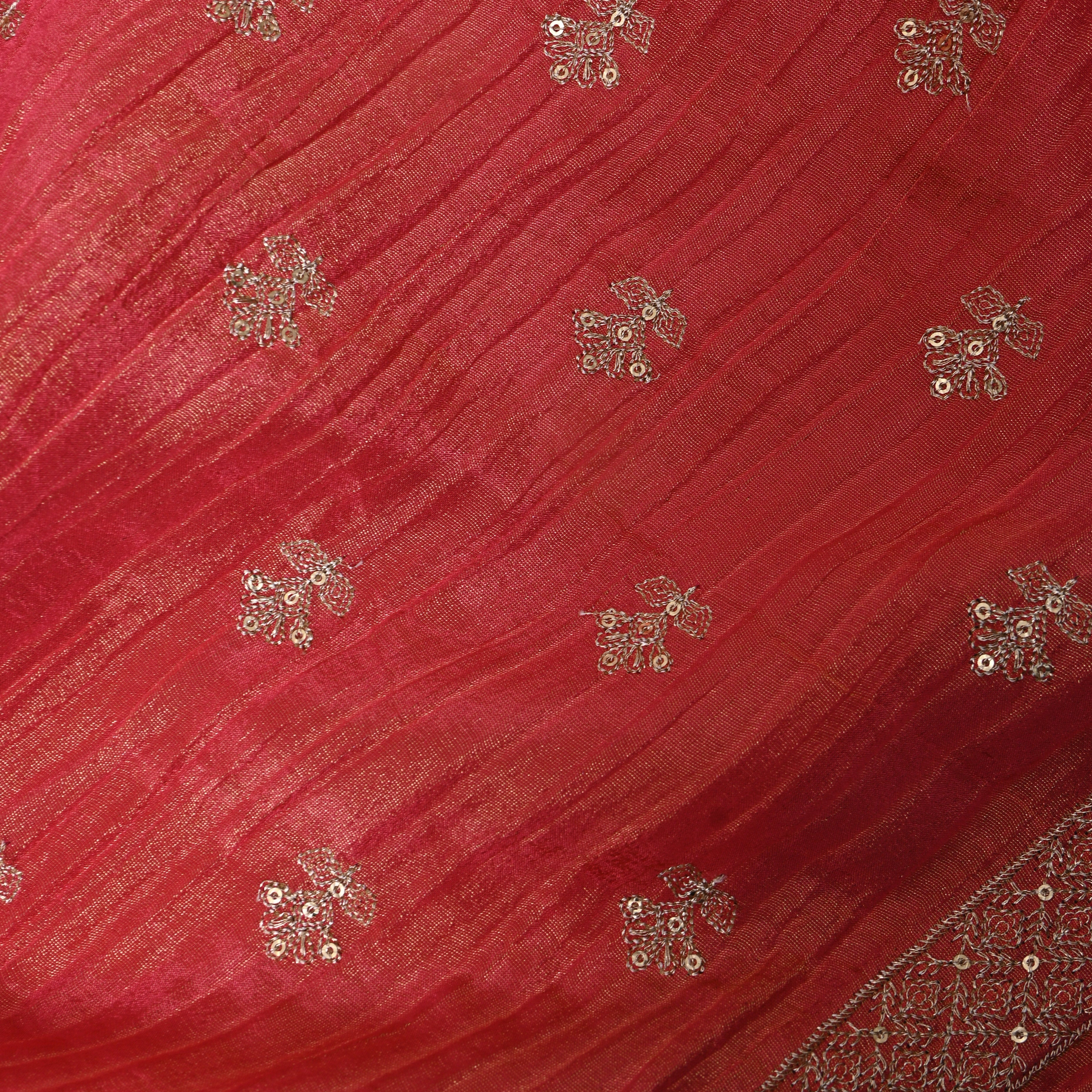 Rani Pink Zari Buti Sequin Embroidery Tissue Fabric