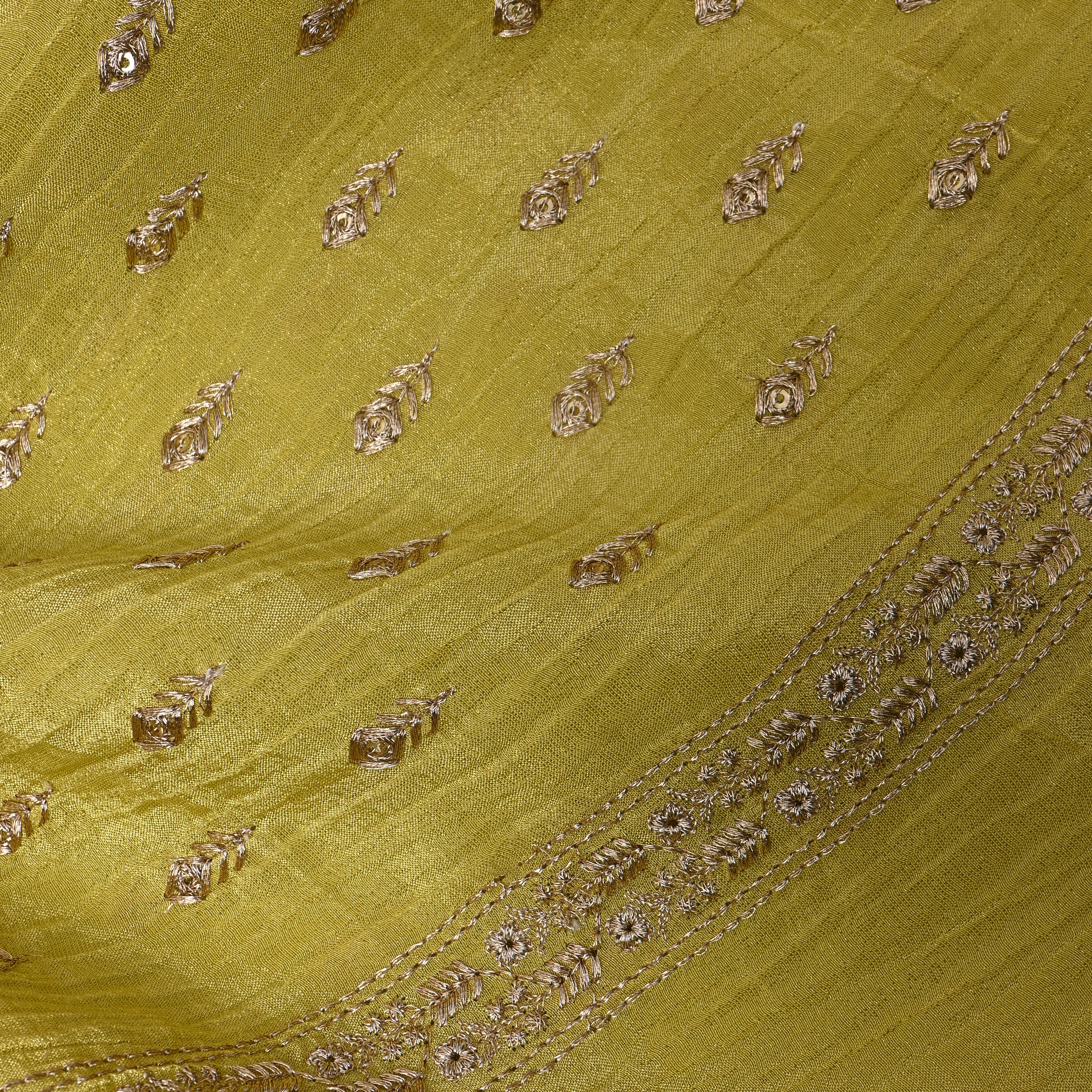 Olive Mustard Zari Buti Sequin Embroidery Tissue Fabric