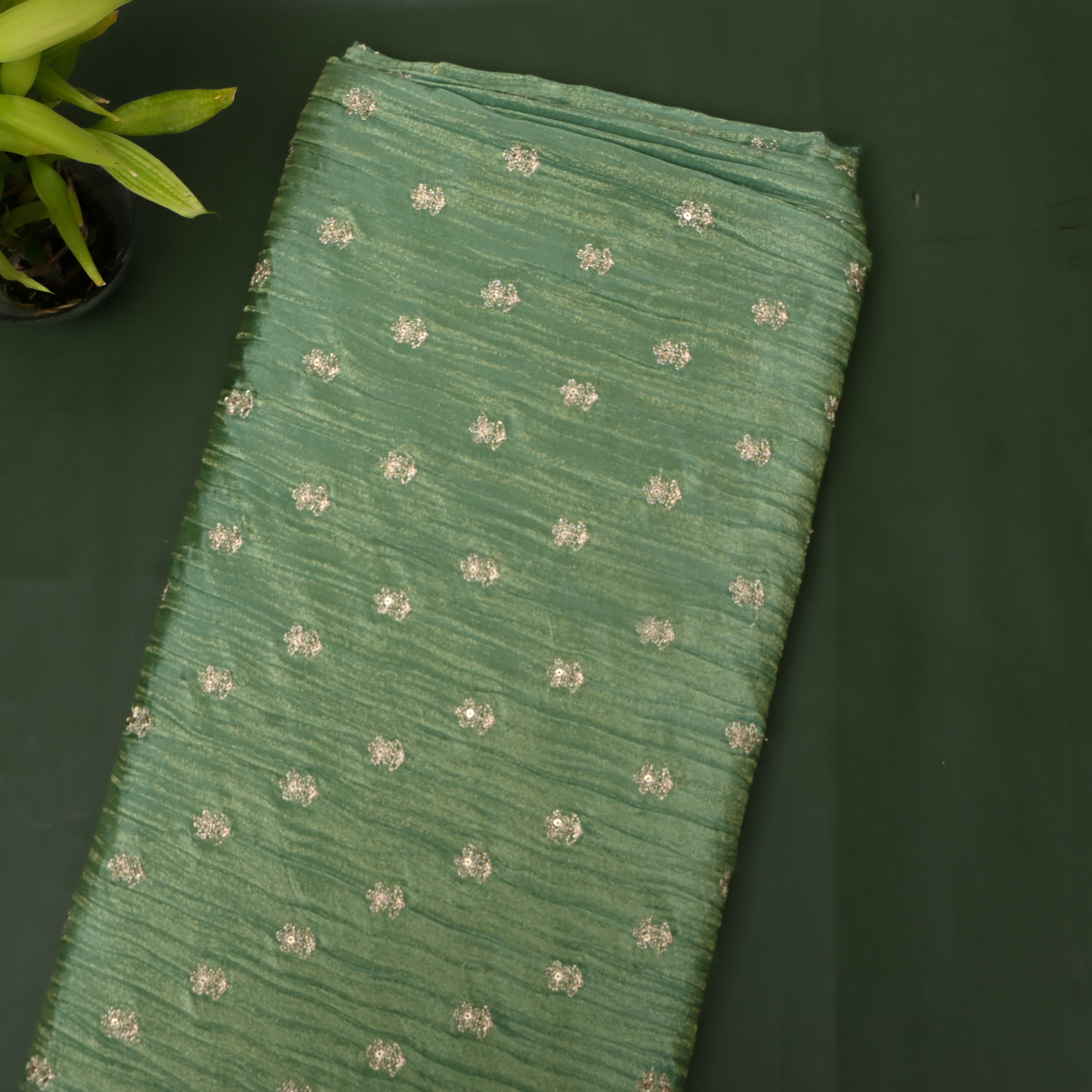 Bottle Green Zari Buti Sequin Embroidery Tissue Fabric