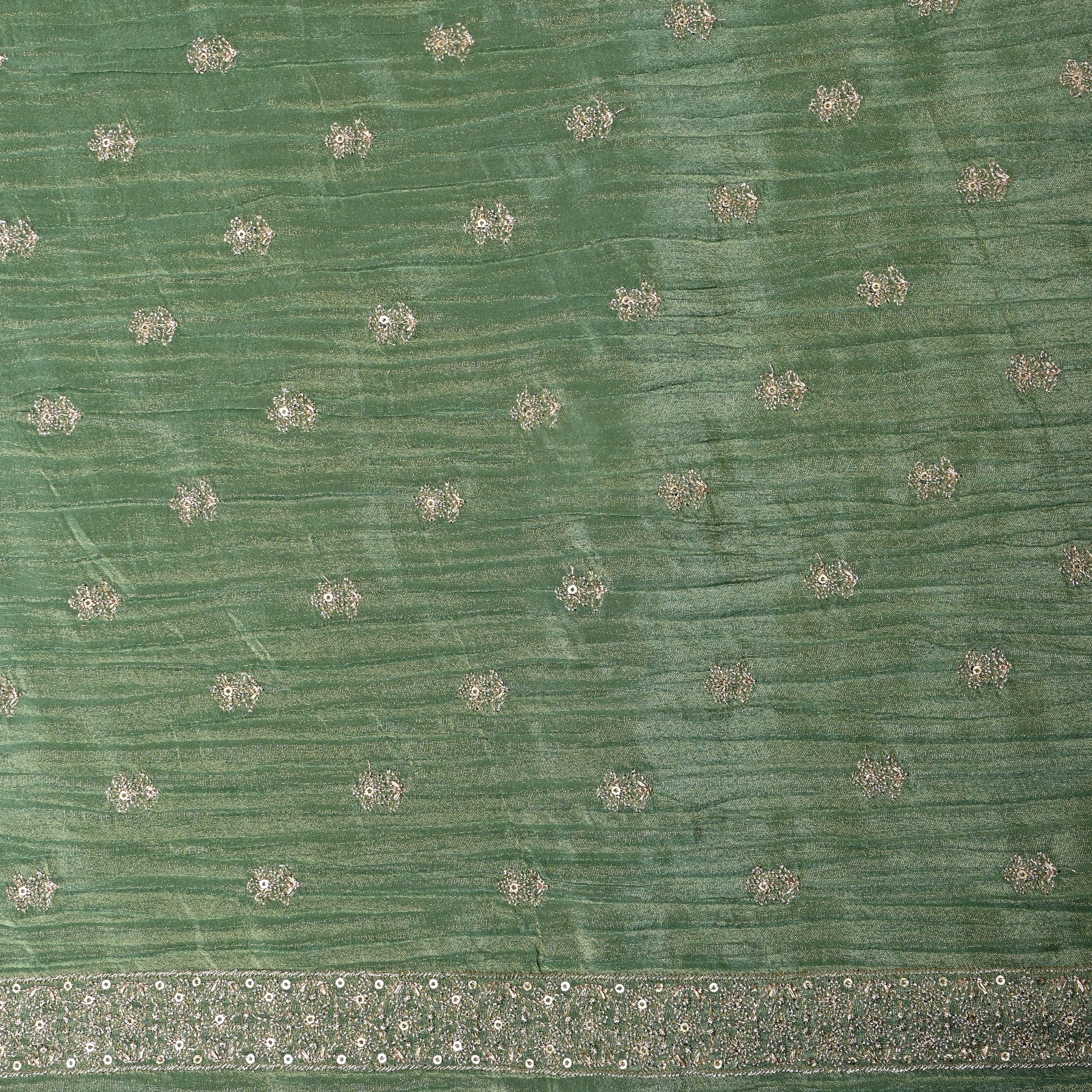 Bottle Green Zari Buti Sequin Embroidery Tissue Fabric