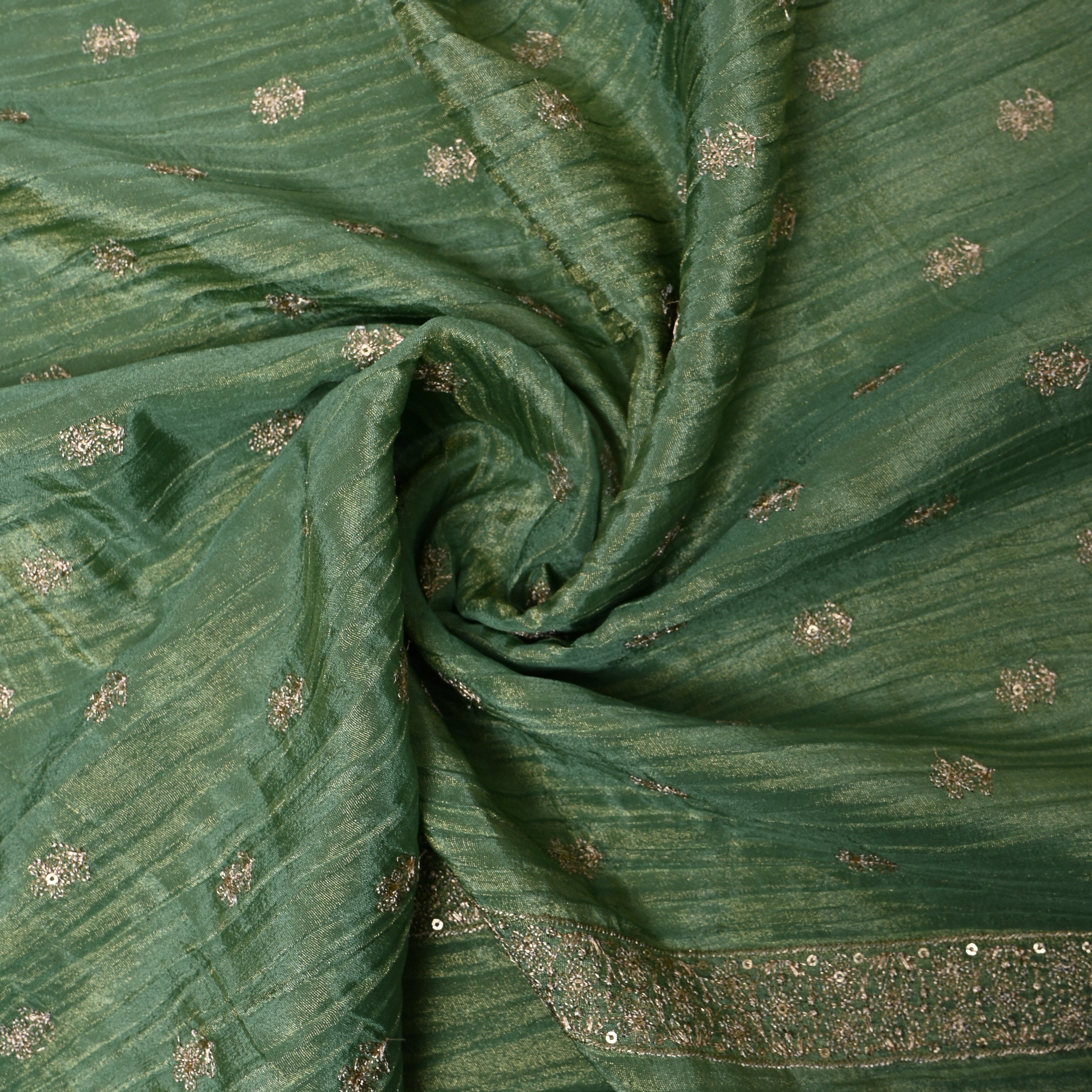 Bottle Green Zari Buti Sequin Embroidery Tissue Fabric