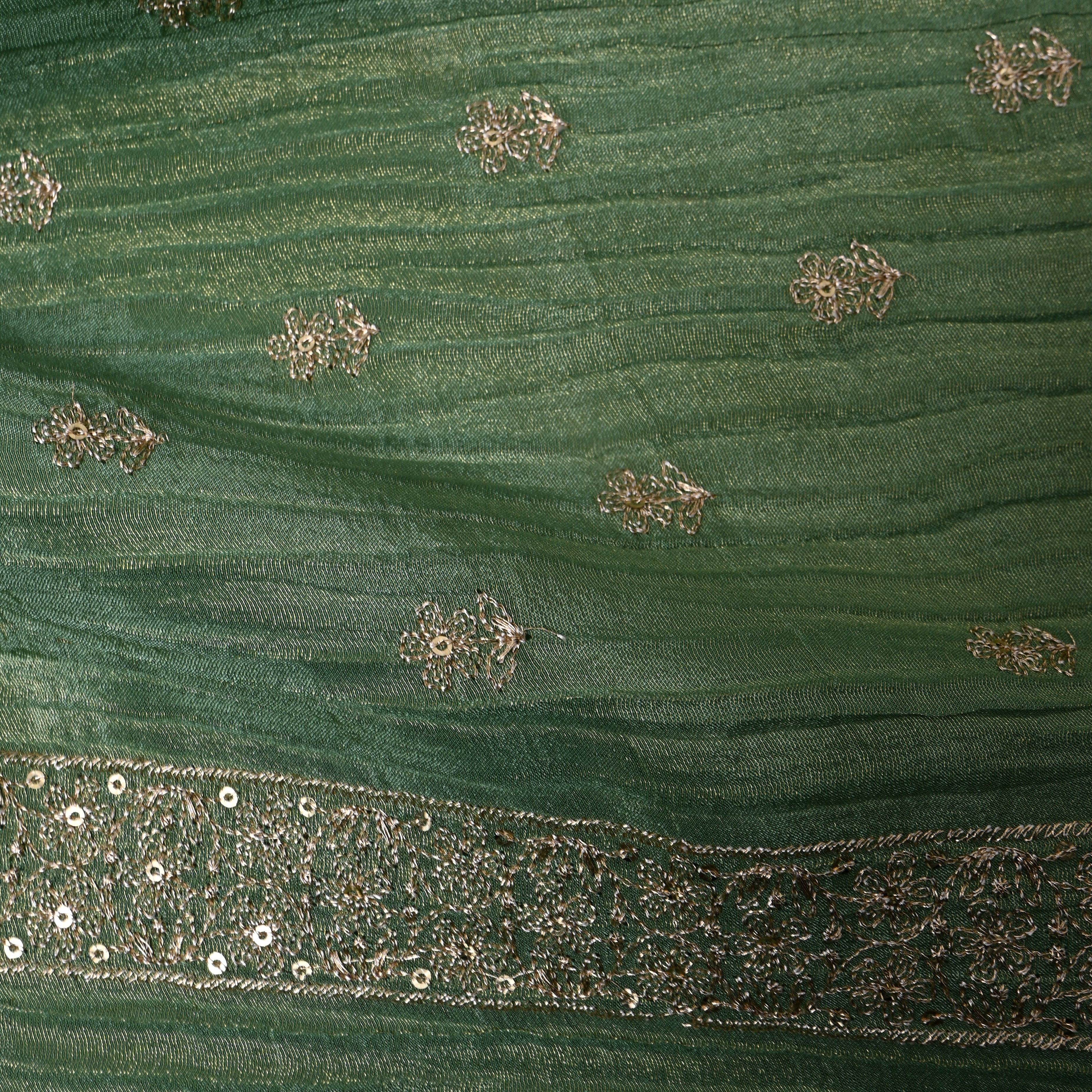 Bottle Green Zari Buti Sequin Embroidery Tissue Fabric
