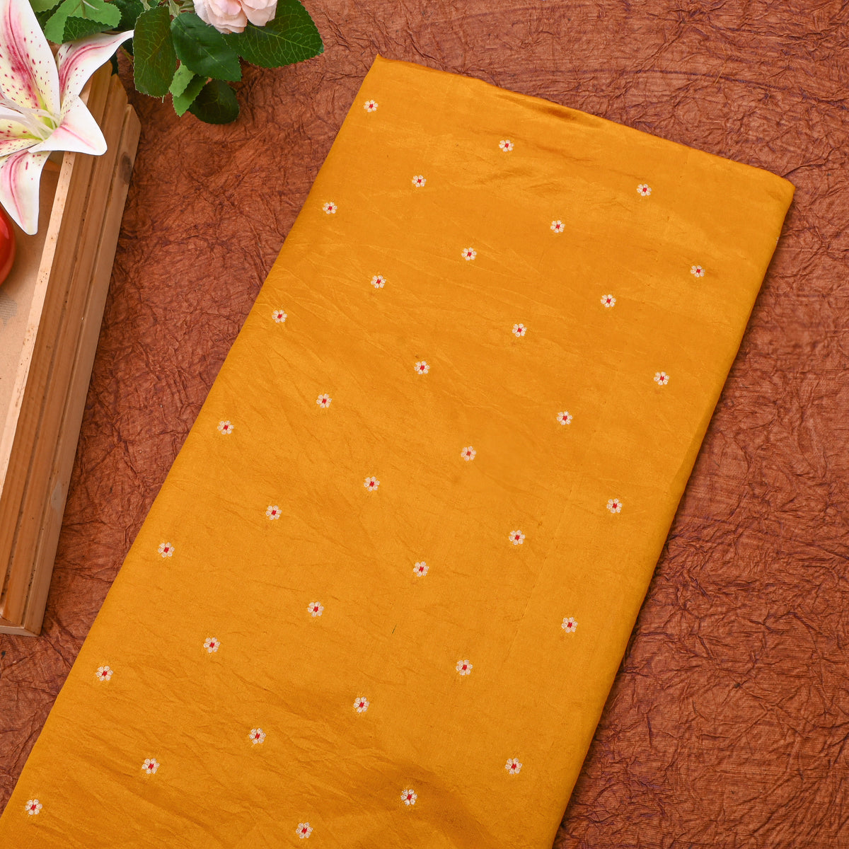 Bright Yellow Gold Zari Floral Butti Bnarasi Silk Fabric