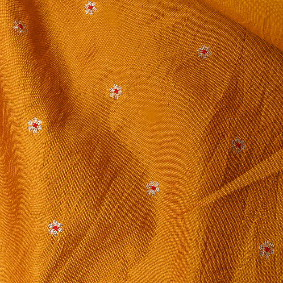 Bright Yellow Gold Zari Floral Butti Bnarasi Silk Fabric