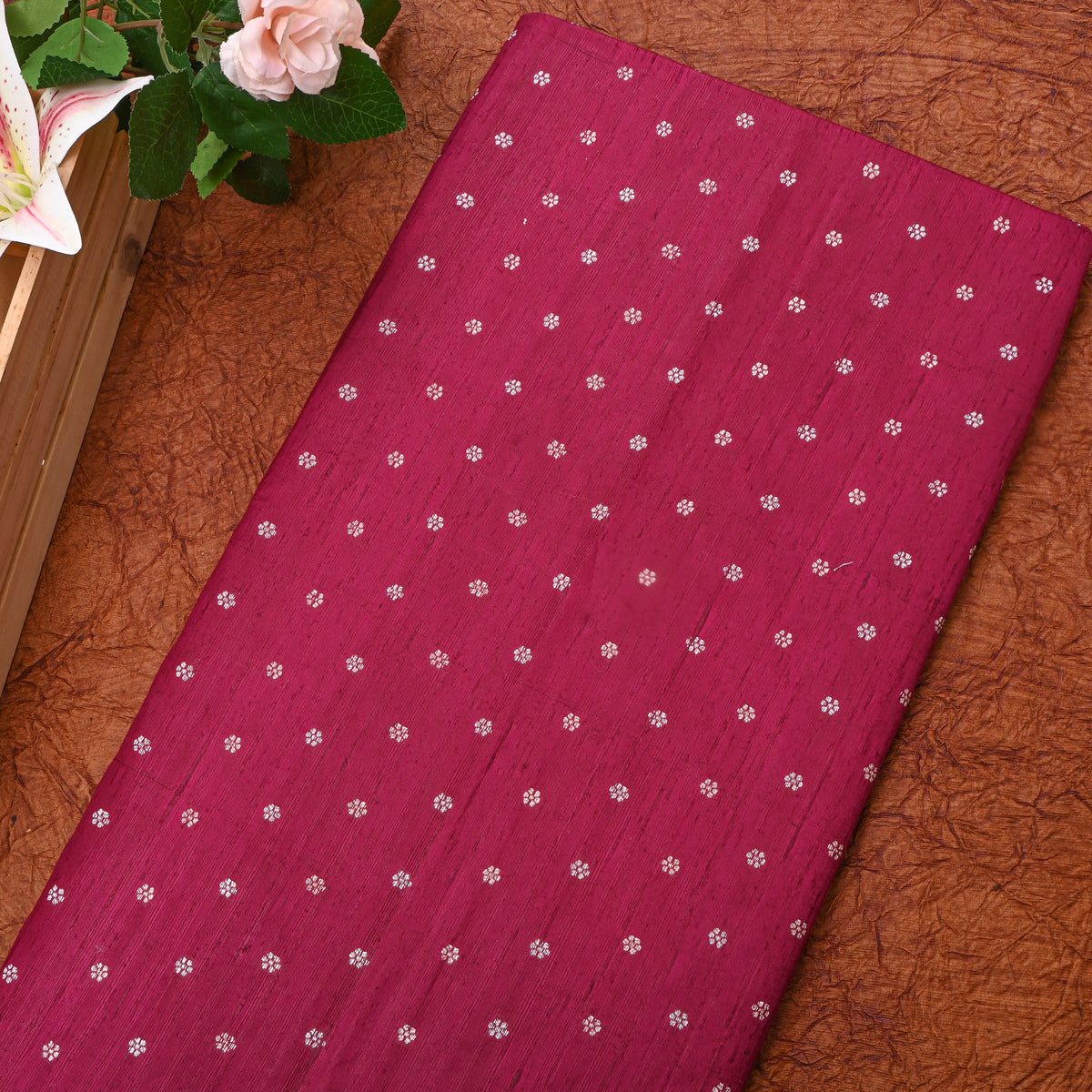 Magenta Silver Zari Floral Butti Jamawar Silk Fabric