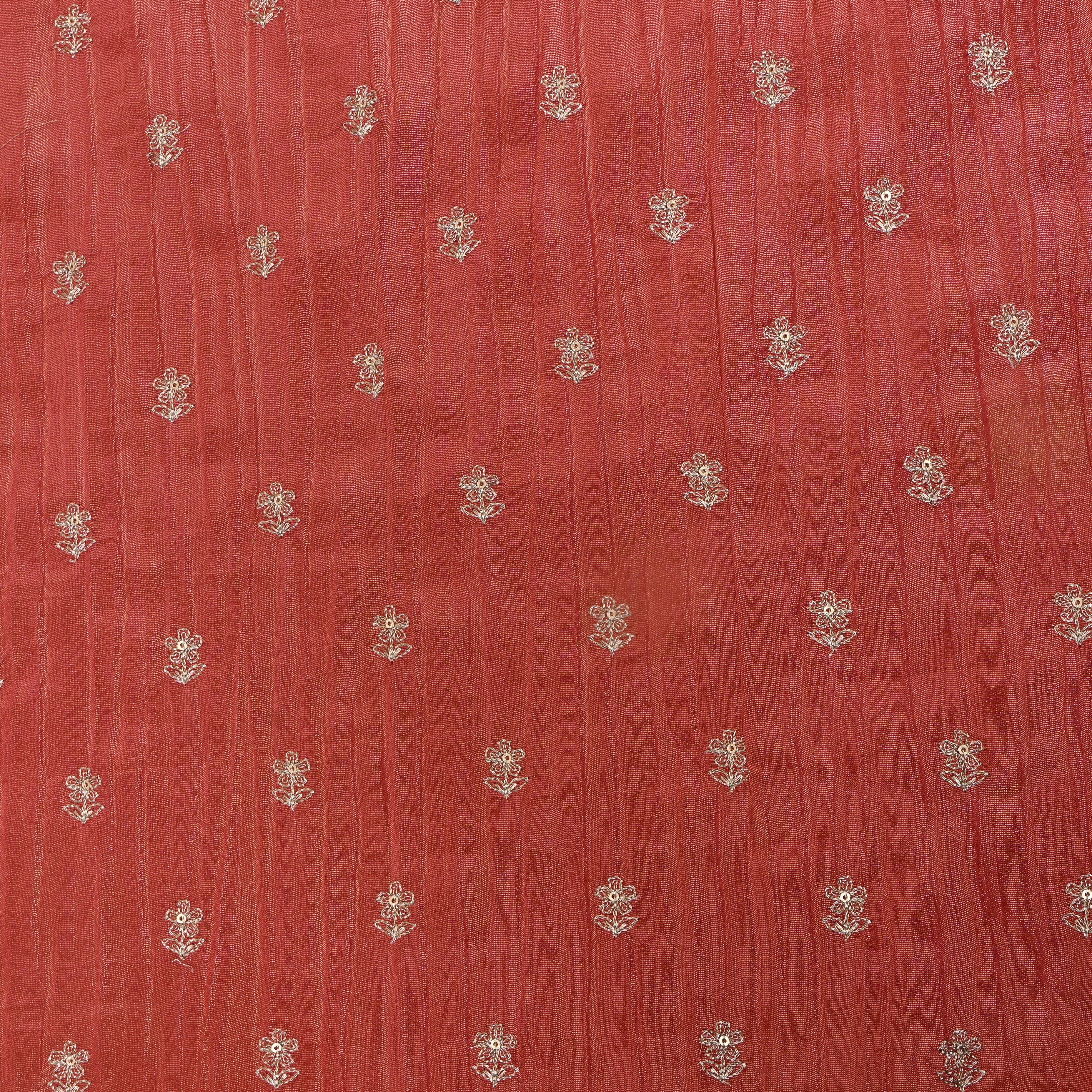 Coral Red Zari Buti Sequin Embroidery Tissue Fabric