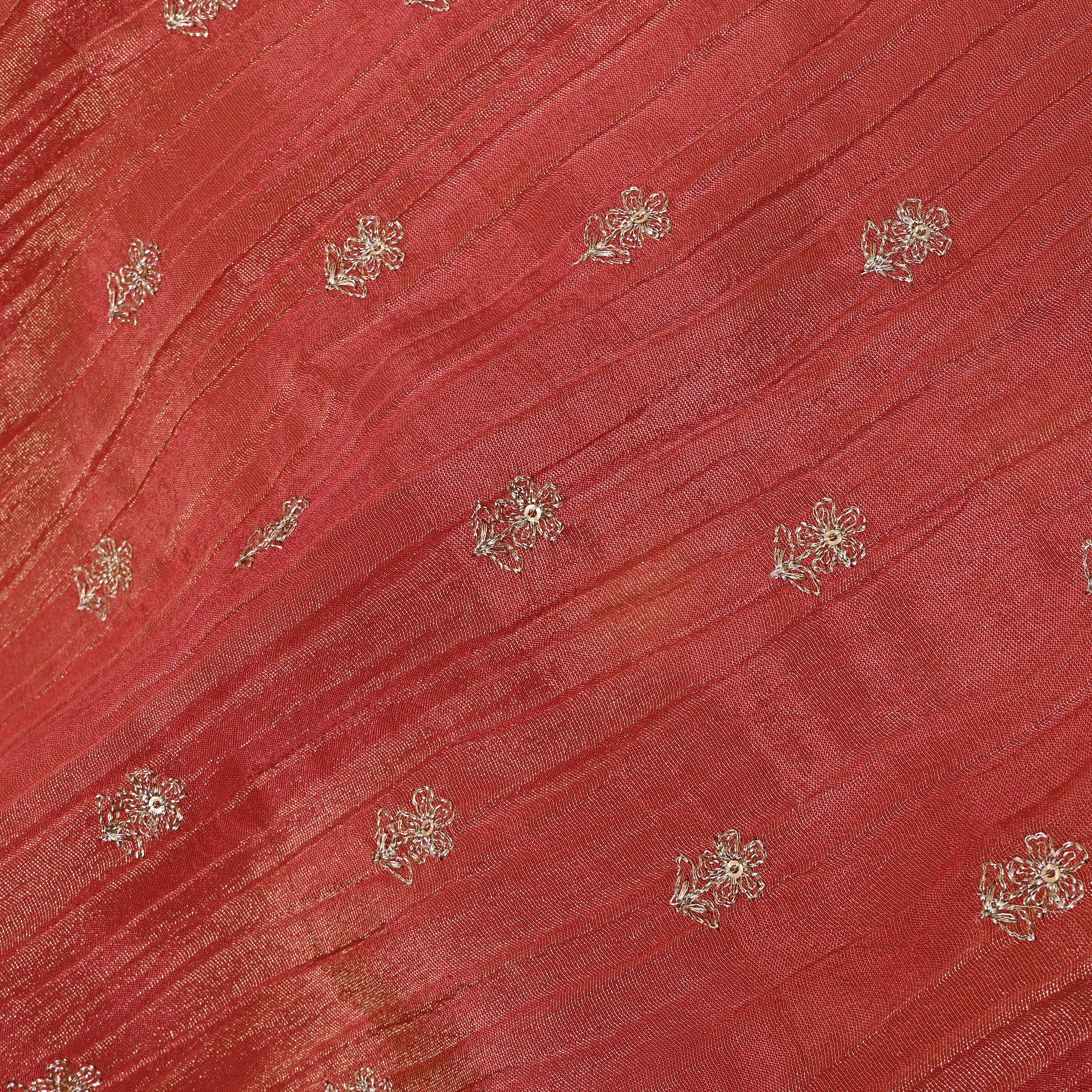 Coral Red Zari Buti Sequin Embroidery Tissue Fabric