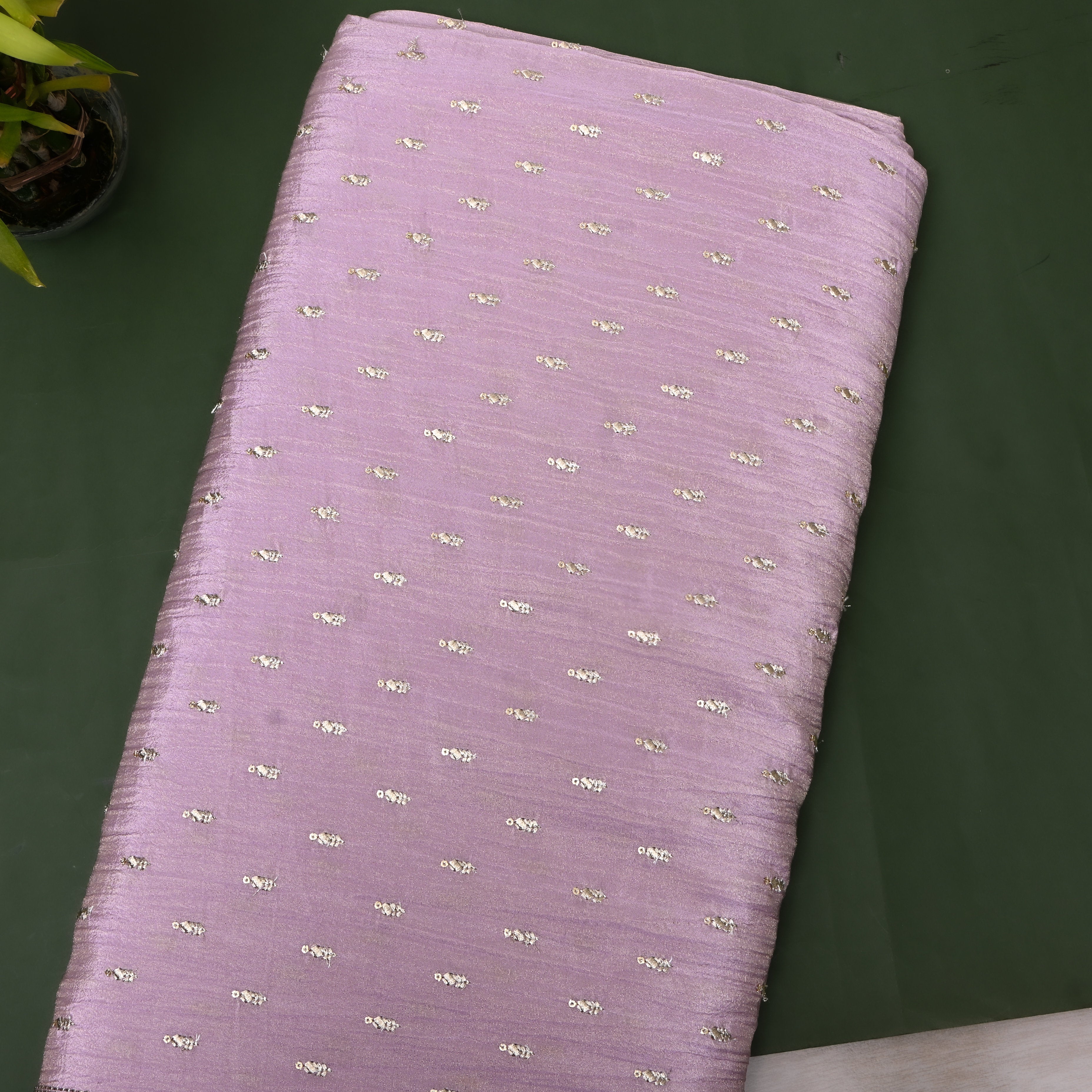 Mauve Purple Zari Buti Sequin Embroidery Tissue Fabric