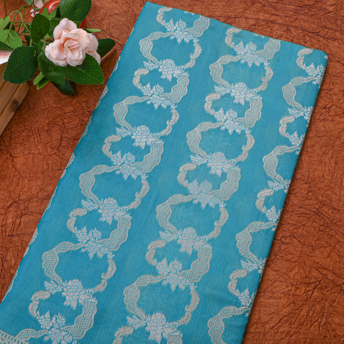 Sky Blue Banarasi Silk Fabric In Dual Tone Floral Zari