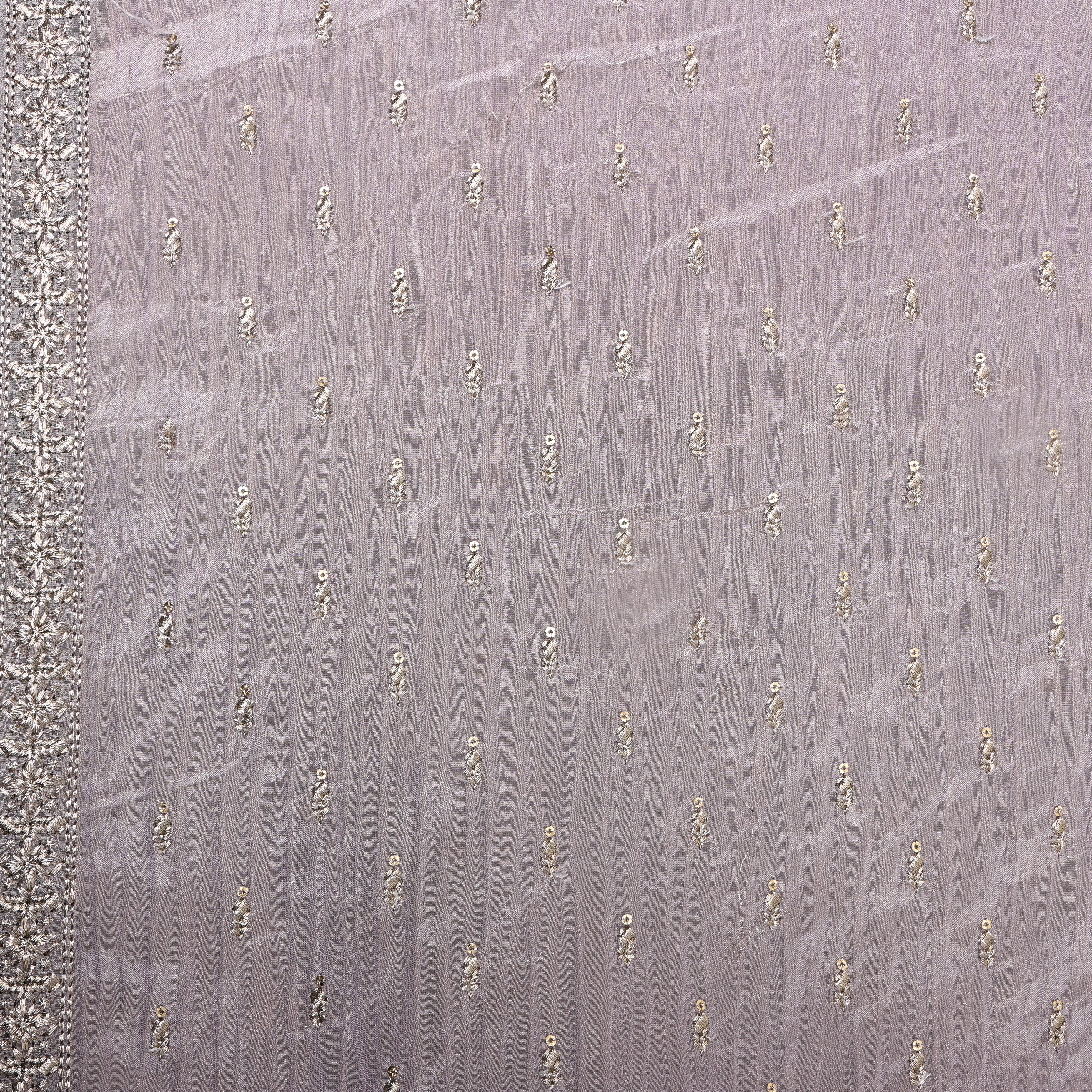 Mauve Grey Zari Buti Sequin Embroidery Tissue Fabric