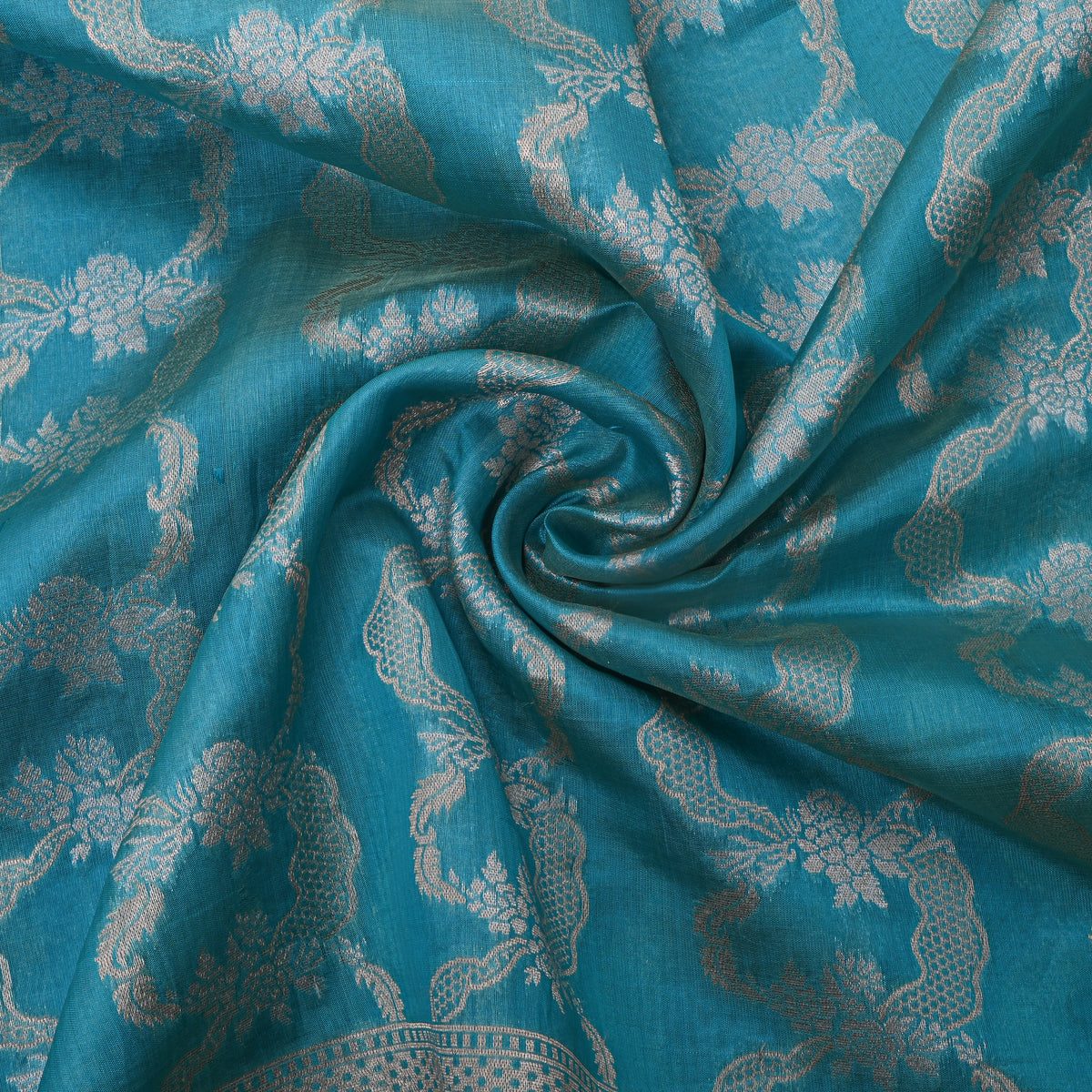 Sky Blue Banarasi Silk Fabric In Dual Tone Floral Zari