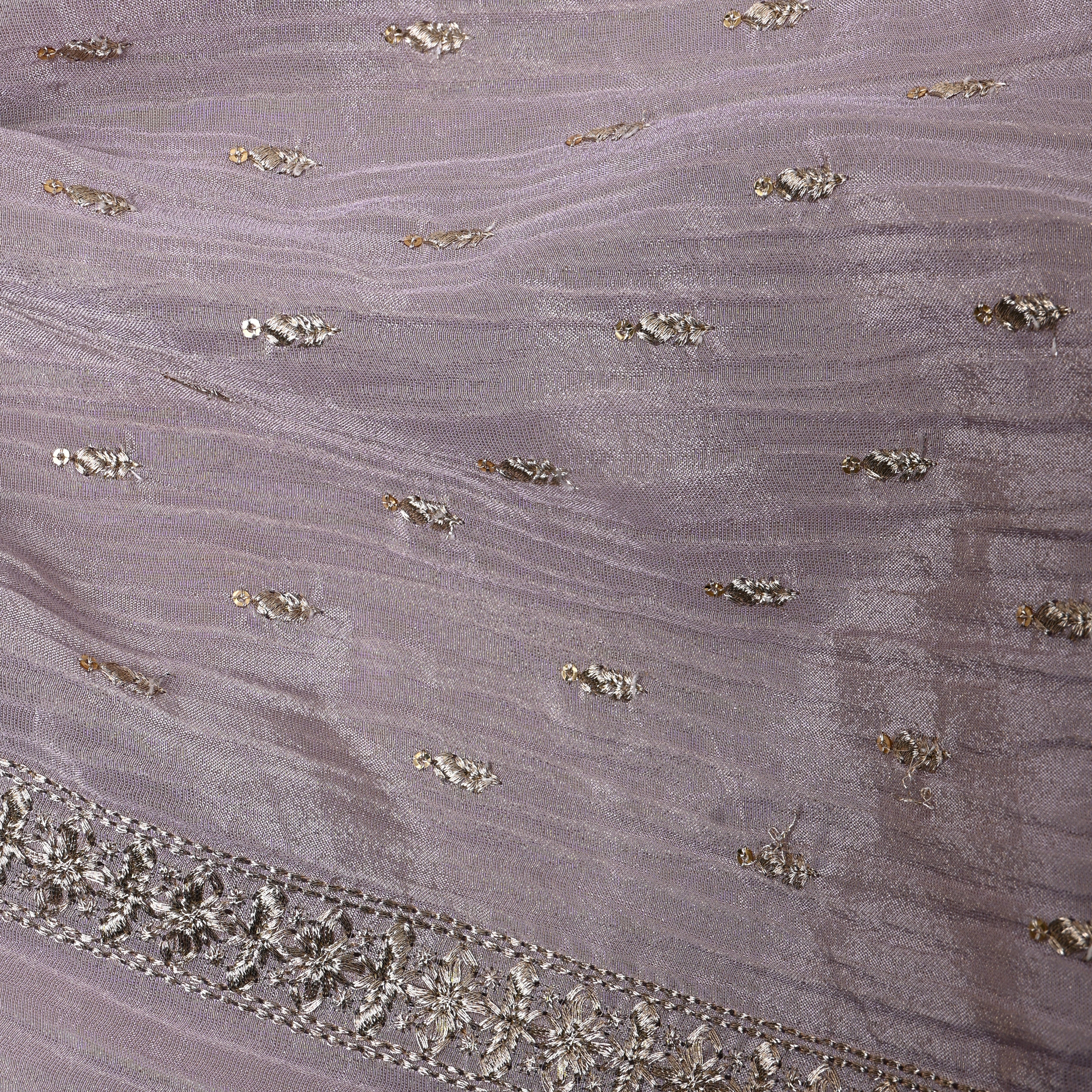 Mauve Grey Zari Buti Sequin Embroidery Tissue Fabric