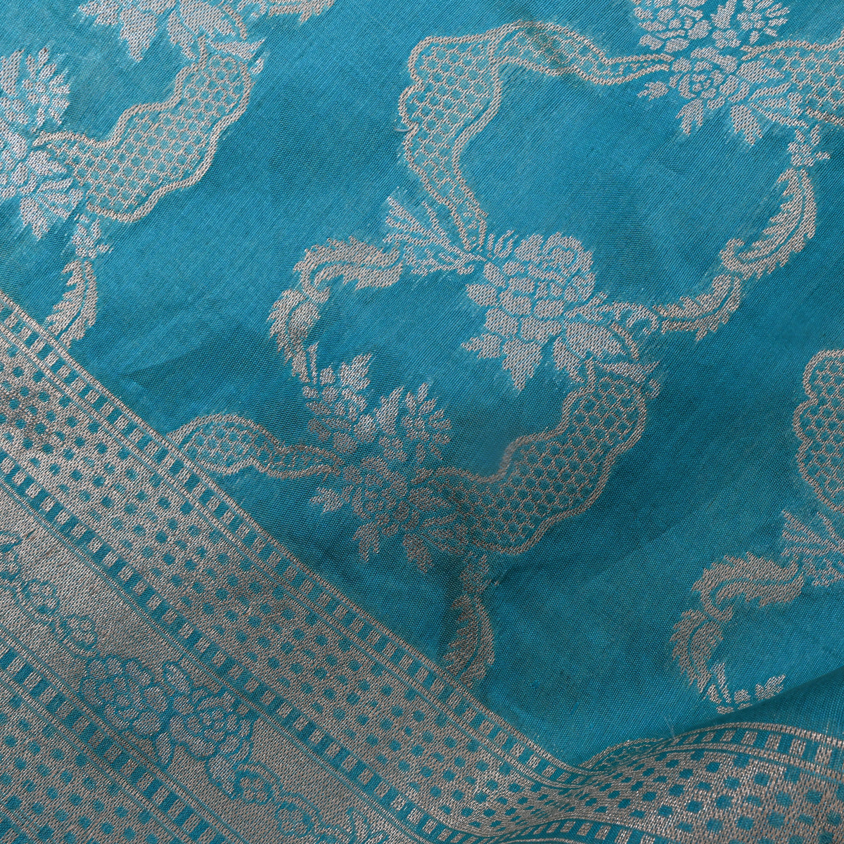 Sky Blue Banarasi Silk Fabric In Dual Tone Floral Zari