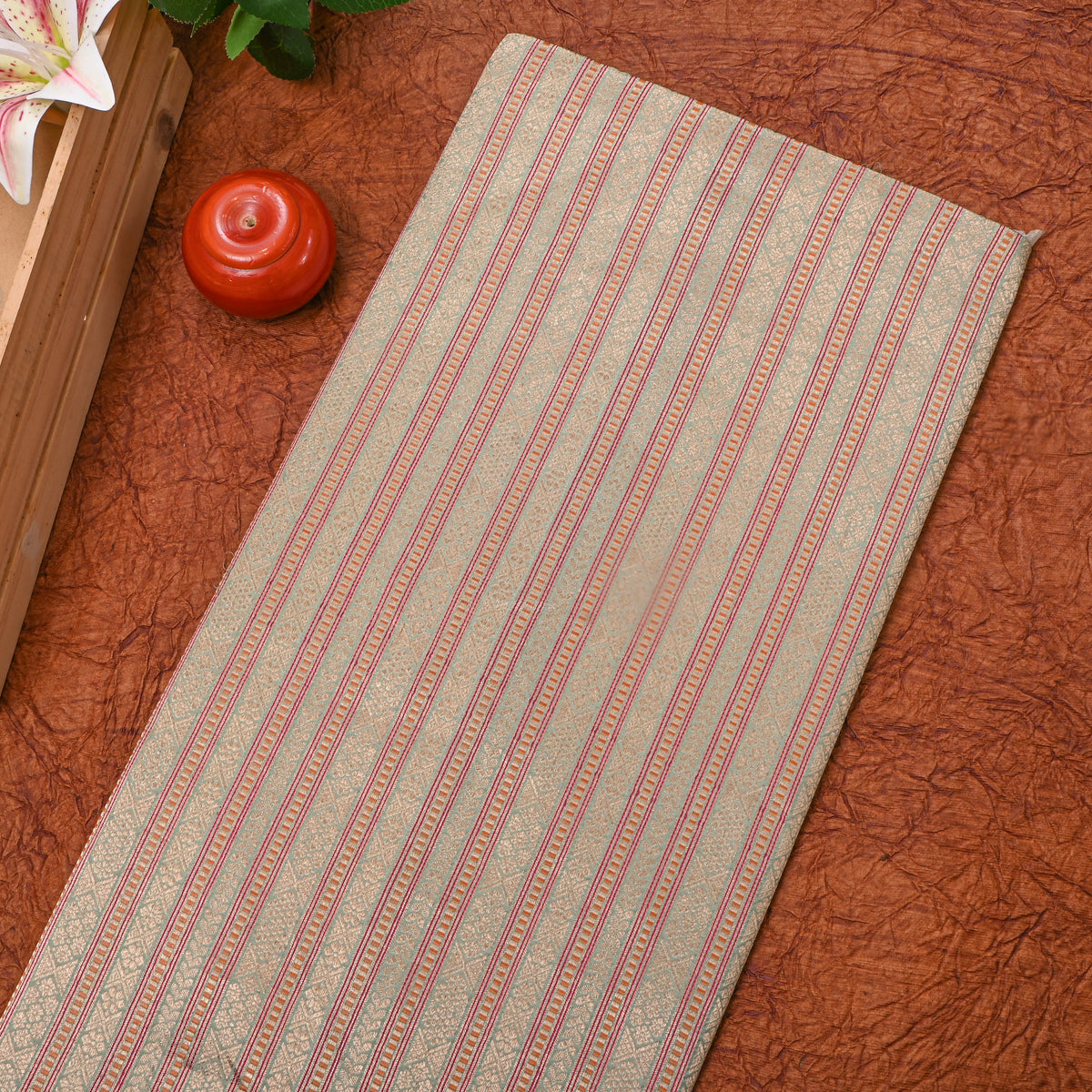 Green Gold Stripe Jamawar Silk Fabric