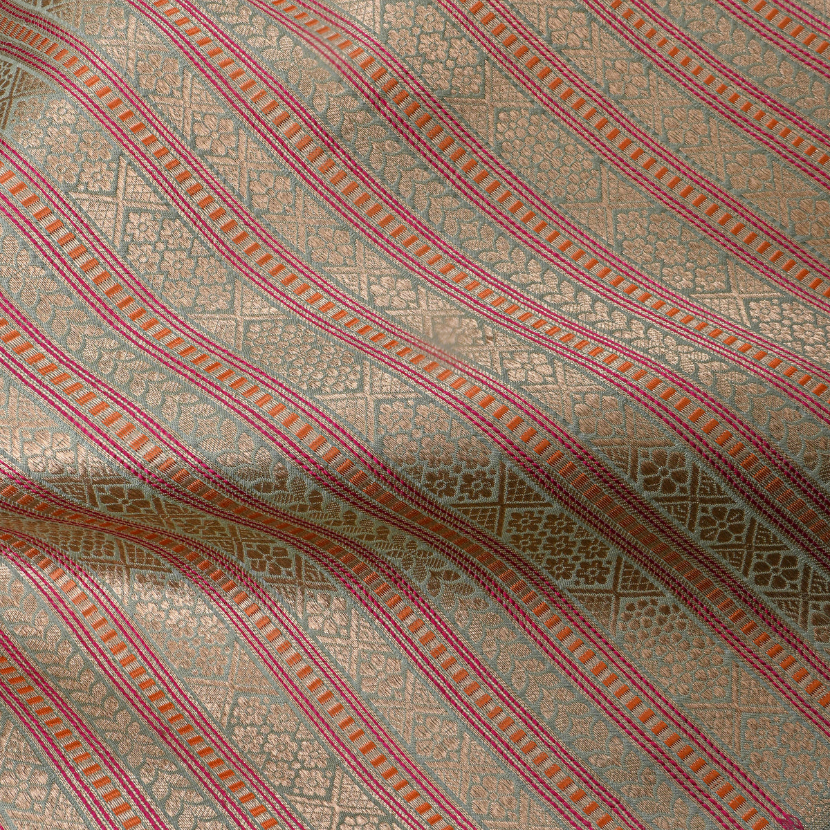 Green Gold Stripe Jamawar Silk Fabric