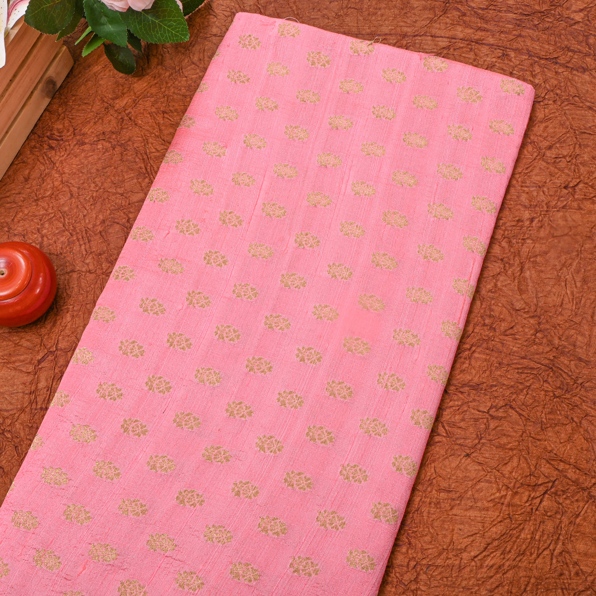 Salmon Pink Gold Zari Butti Banarasi Fabric