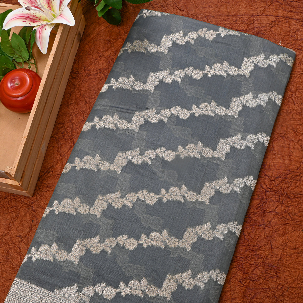 Grey Stripe Weave Banarasi Silk