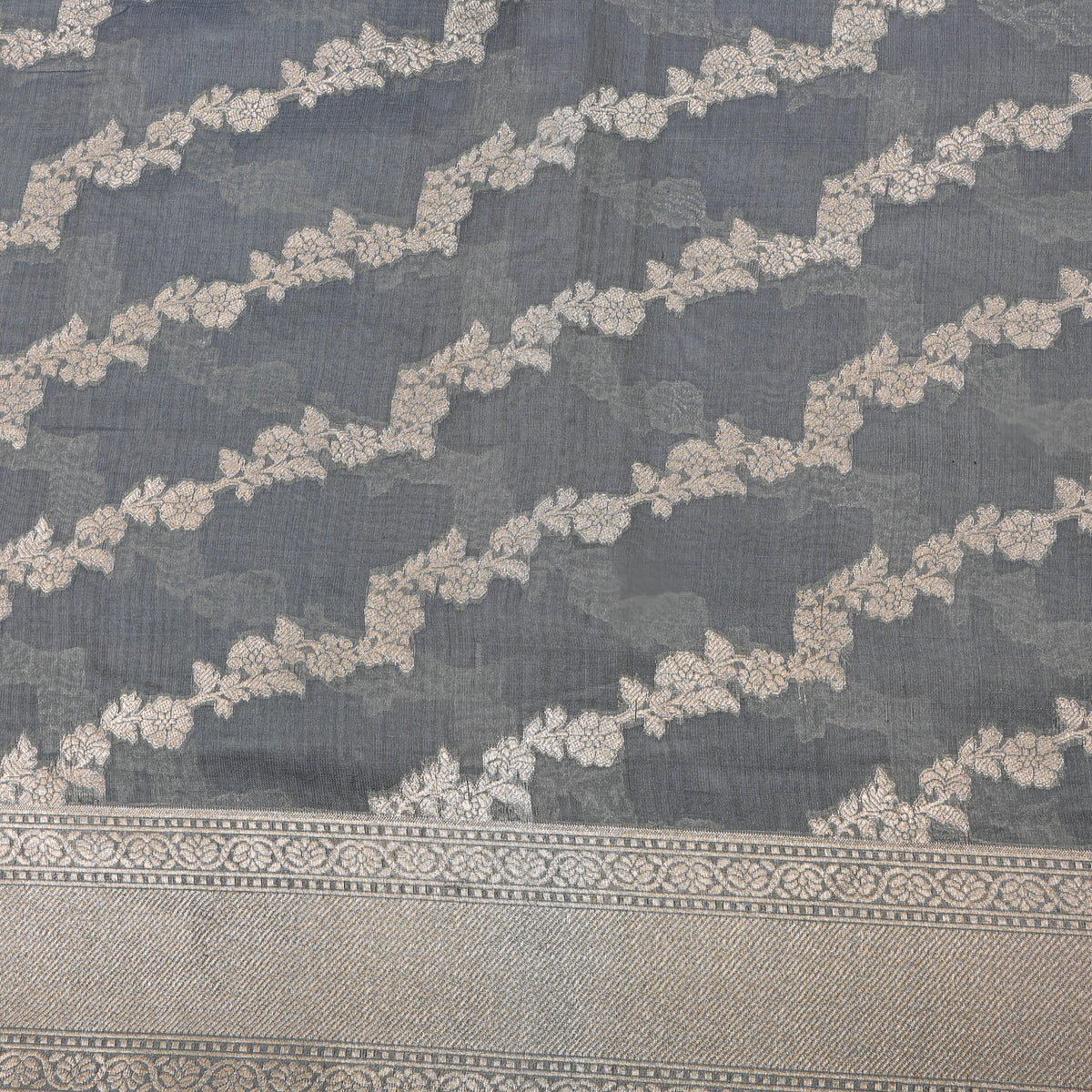 Grey Stripe Weave Banarasi Silk