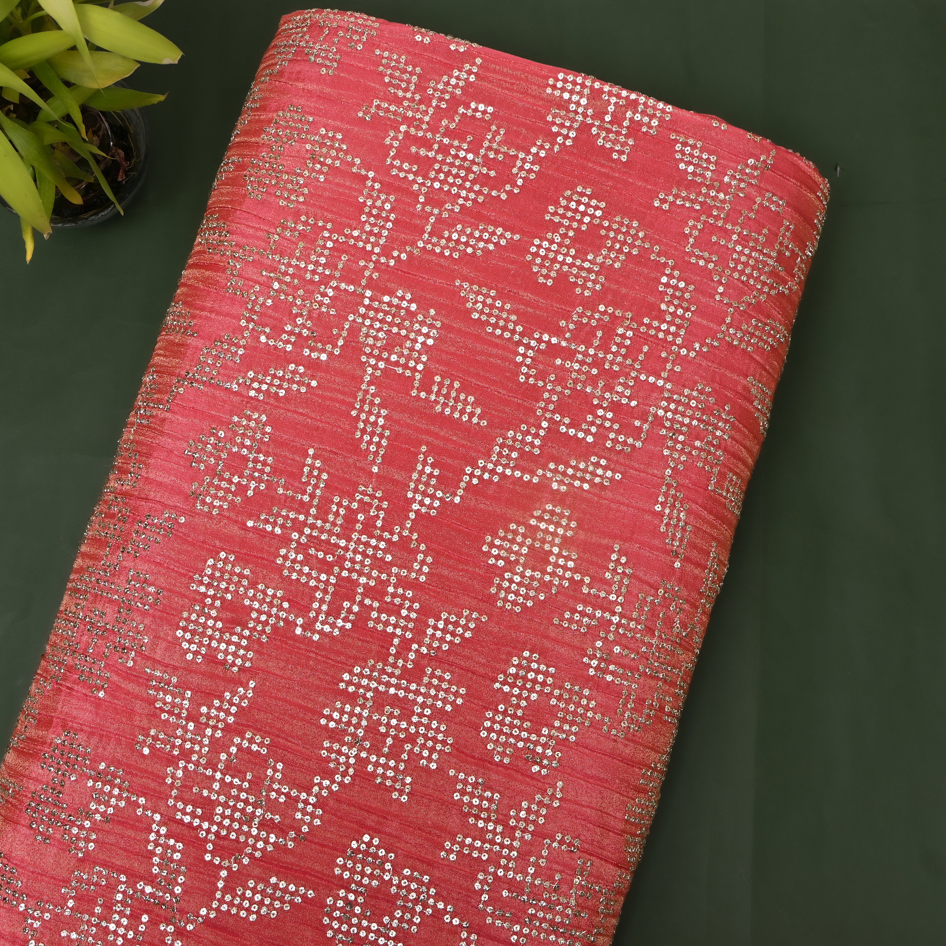 Rani Pink Geometric Sequin Embroidery Tissue Fabric