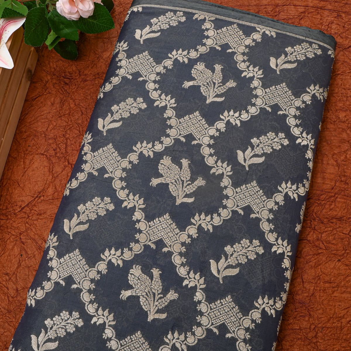 Gray Zari Woven Banarasi Silk Fabric