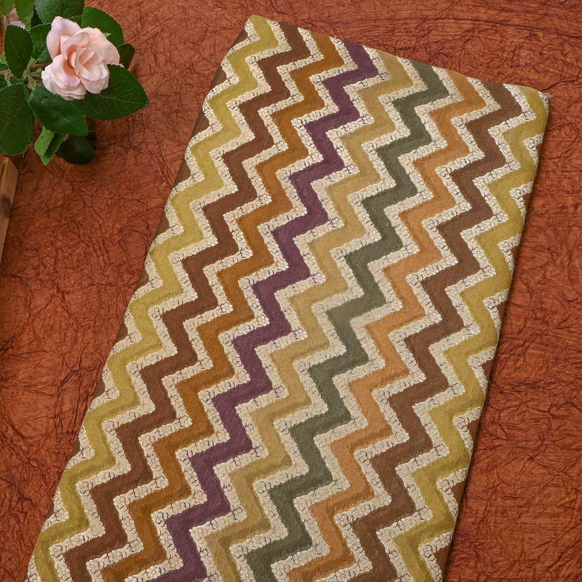 Earthy Multicolour Gold Zari Zigzag Rangkat  Banarasi Silk Fabric
