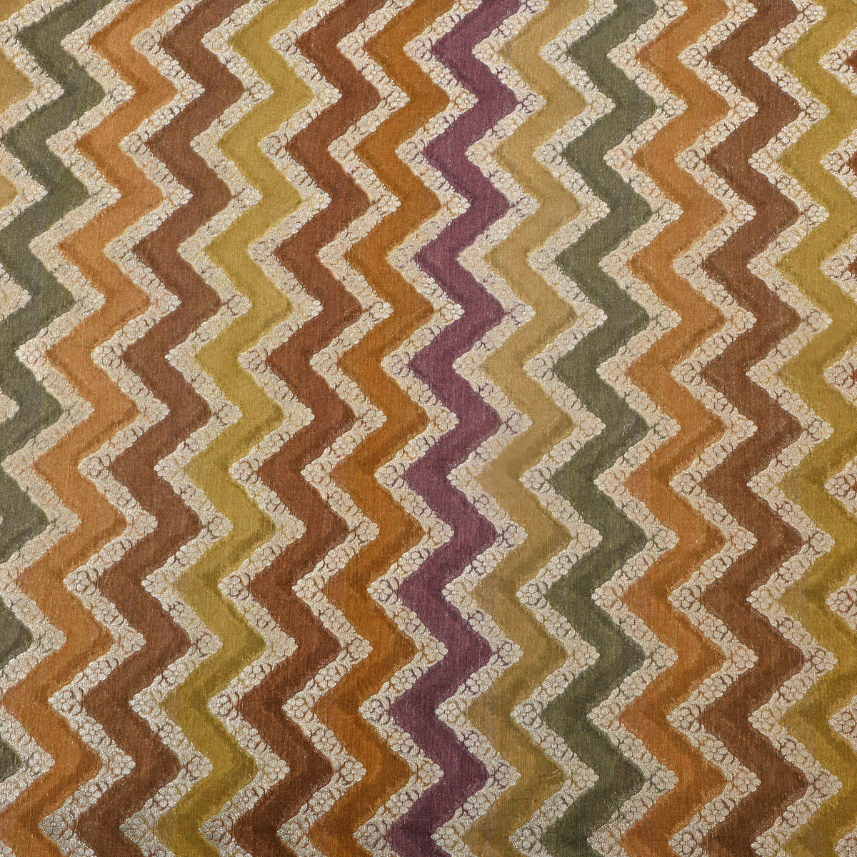 Earthy Multicolour Gold Zari Zigzag Rangkat  Banarasi Silk Fabric