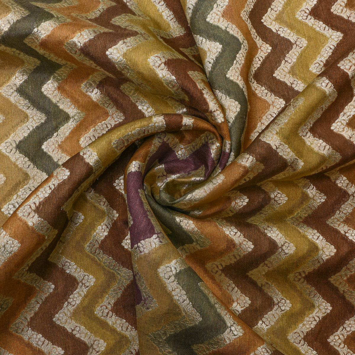 Earthy Multicolour Gold Zari Zigzag Rangkat  Banarasi Silk Fabric