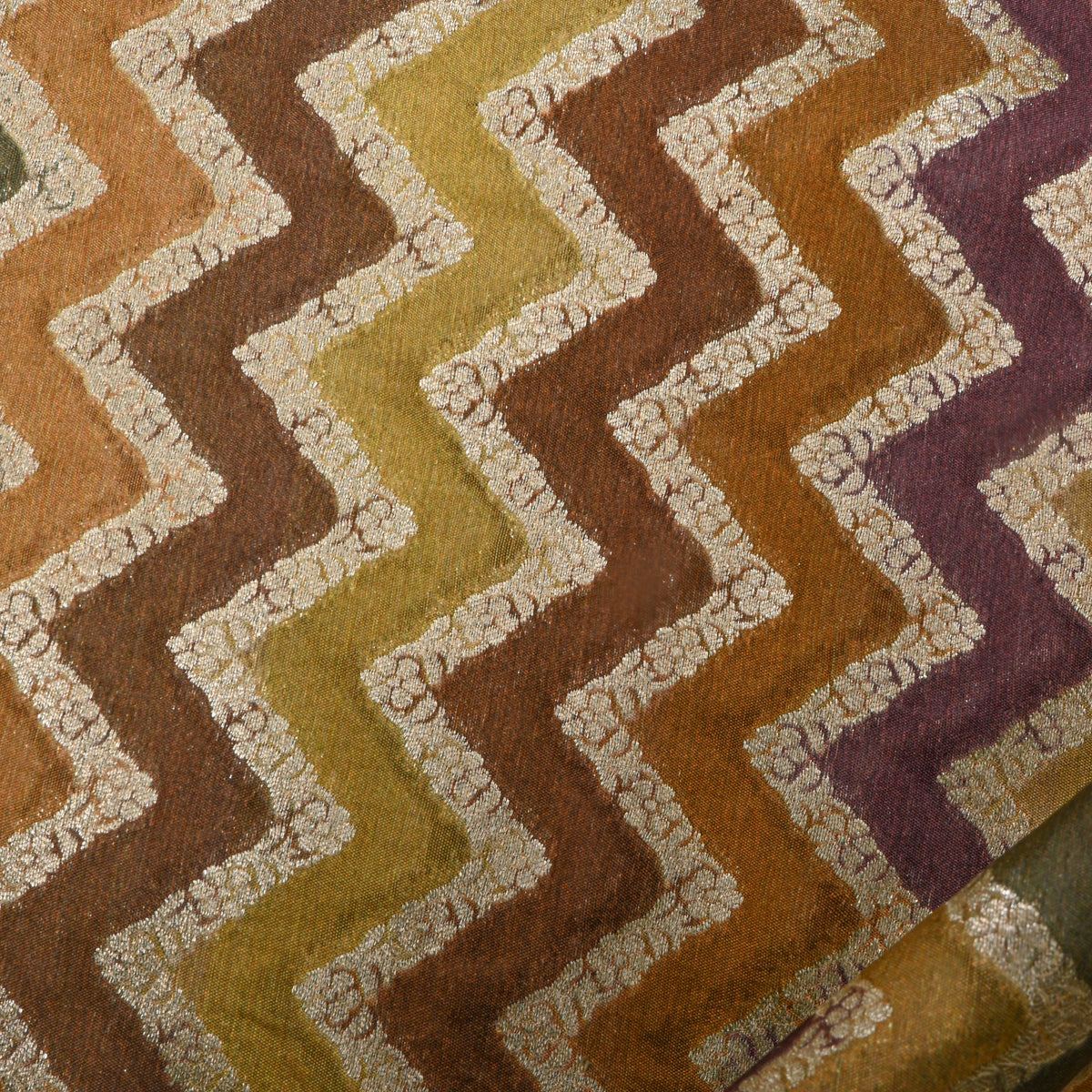 Earthy Multicolour Gold Zari Zigzag Rangkat  Banarasi Silk Fabric