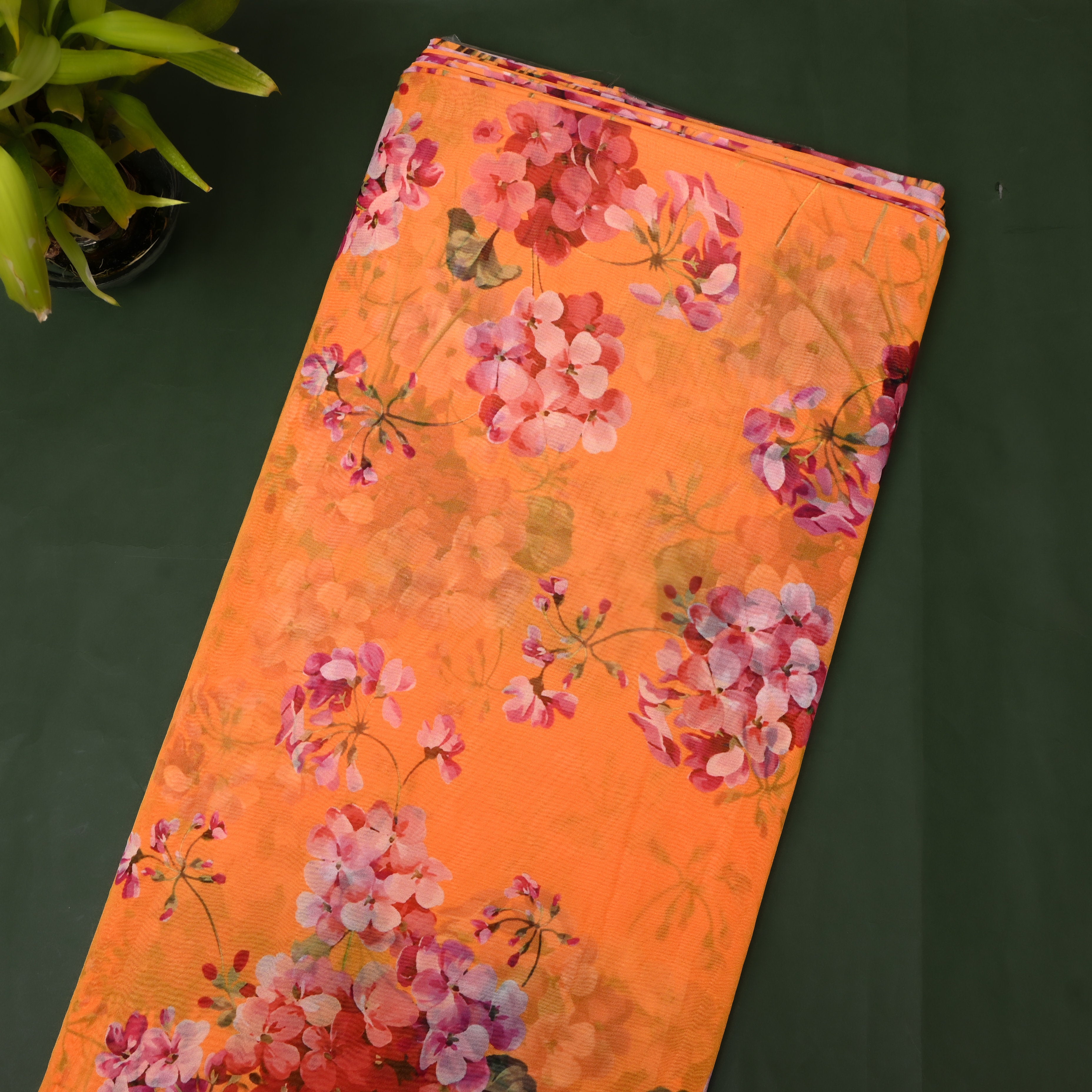 Marigold Orange Geranium Print Organza Fabric