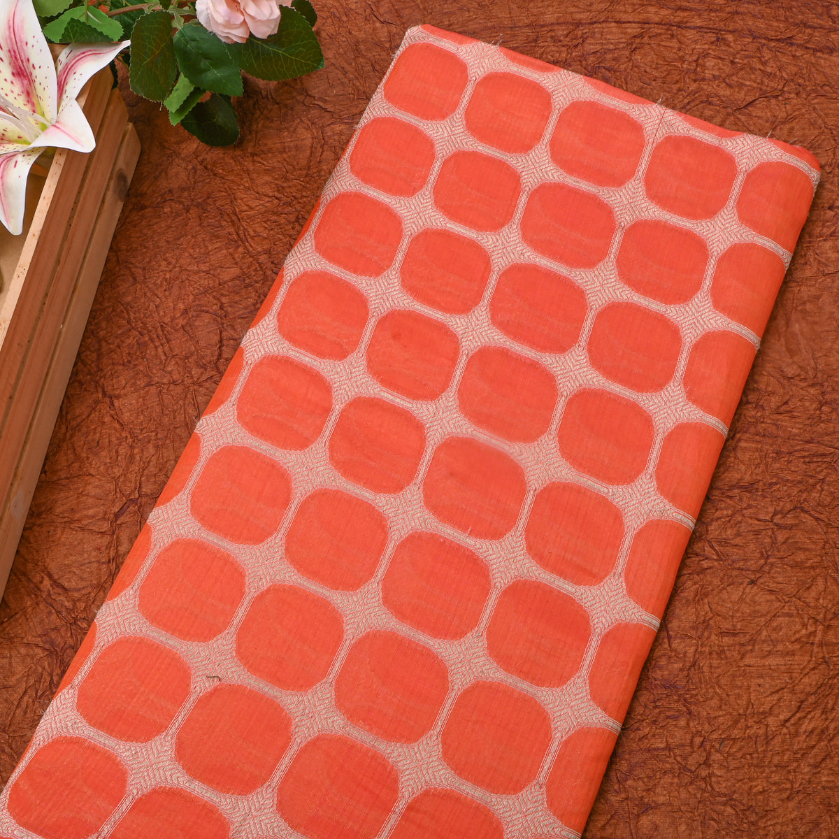 Orange Checks Weave Banarasi Silk