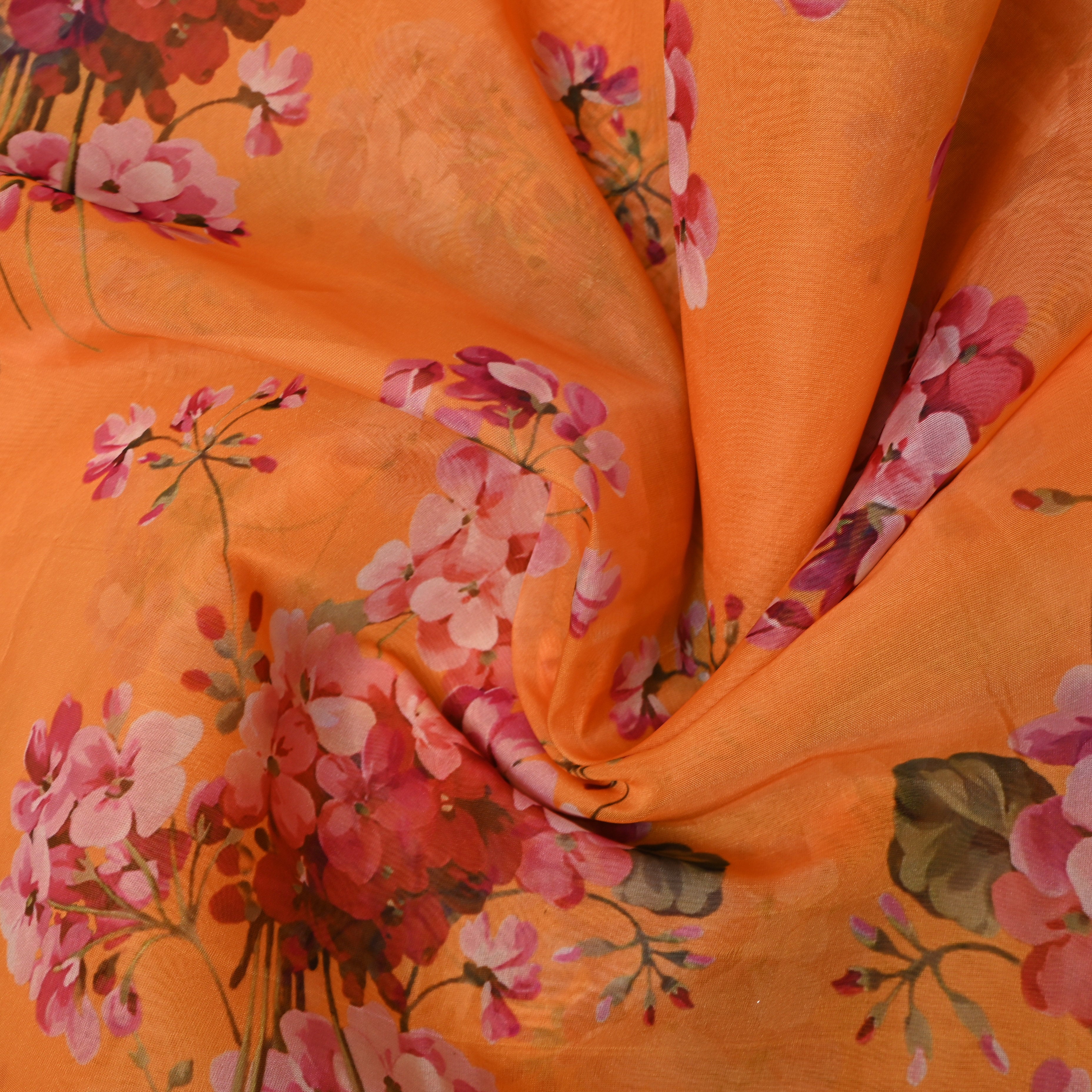 Marigold Orange Geranium Print Organza Fabric