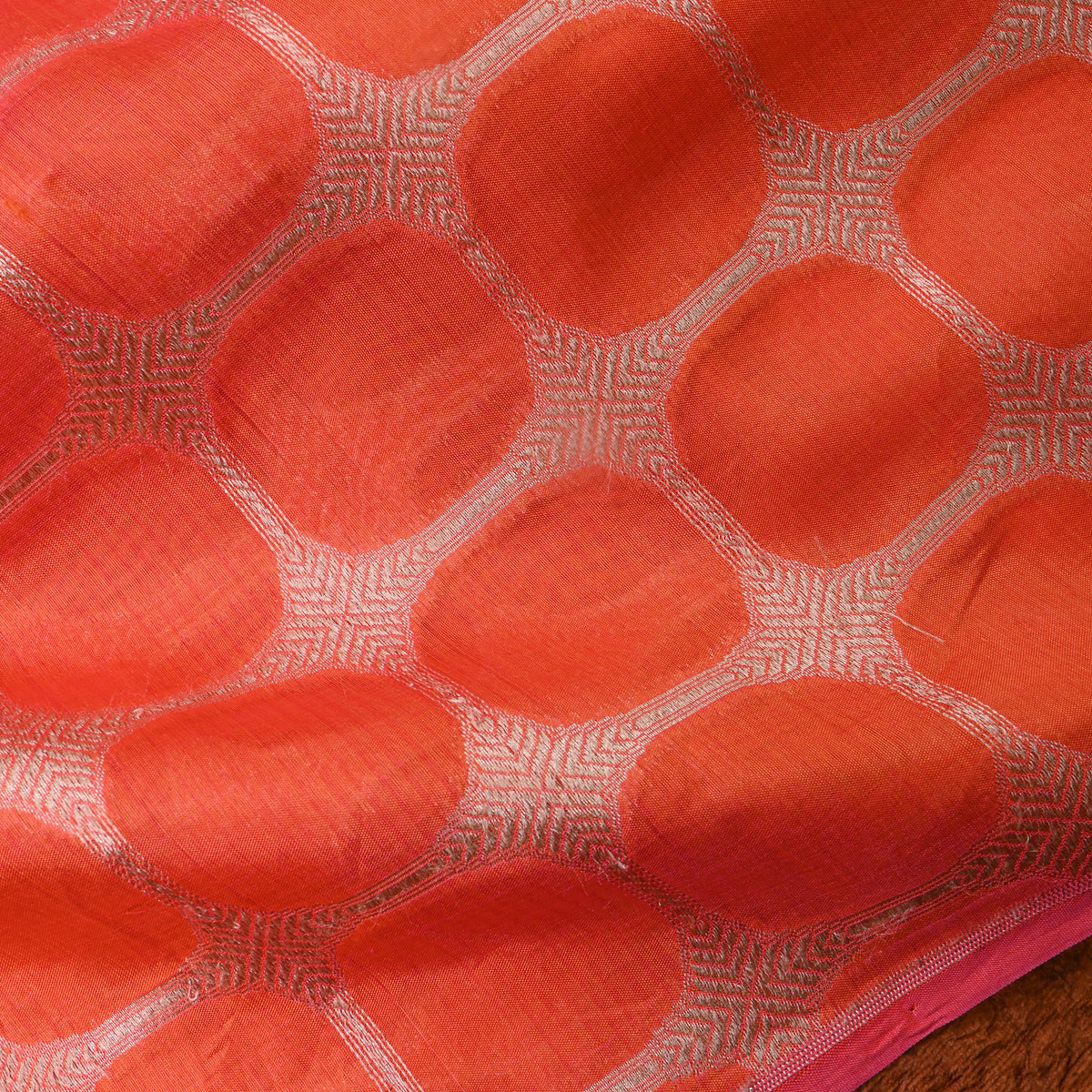 Orange Checks Weave Banarasi Silk