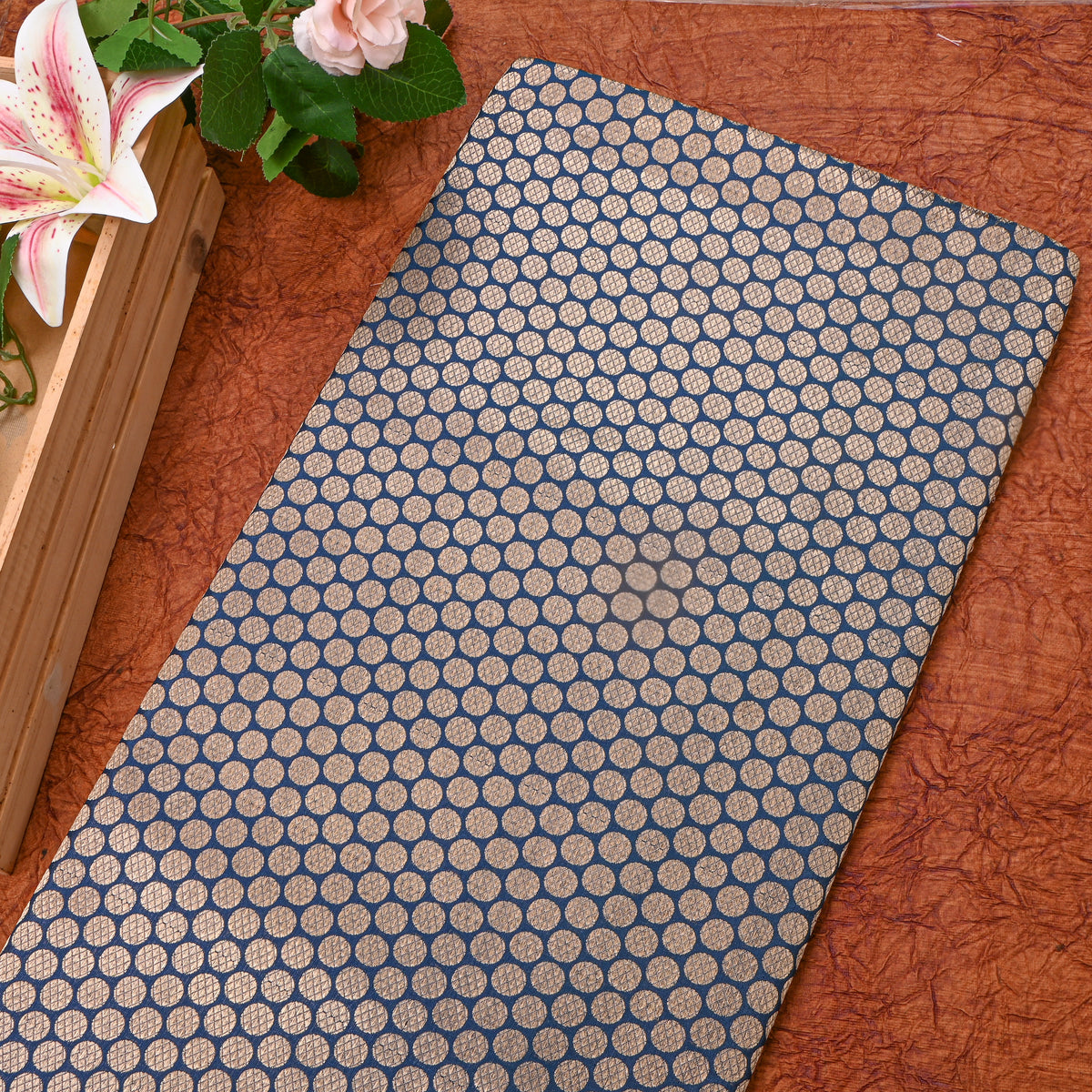 Peocock Blue Jamawar Silk Fabric With Gold Zari Butti