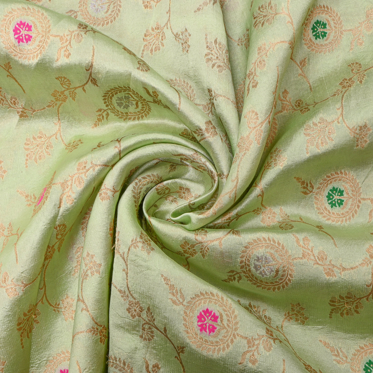 Pistachio Green Dual Tone Zari Meenakari Florl Weave Banarasi Silk Fabric