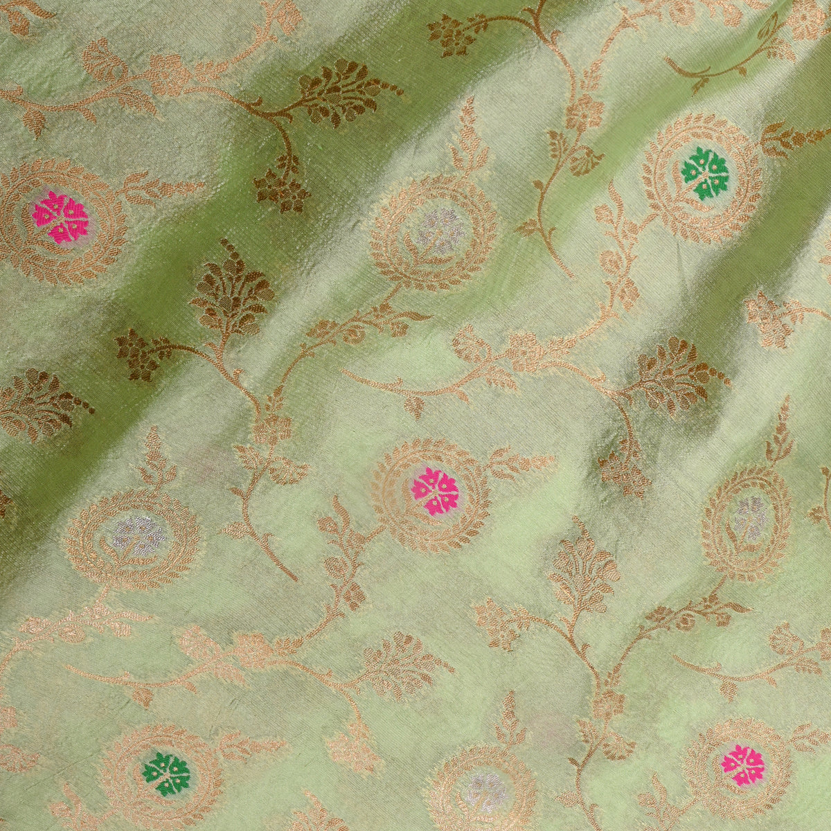 Pistachio Green Dual Tone Zari Meenakari Florl Weave Banarasi Silk Fabric
