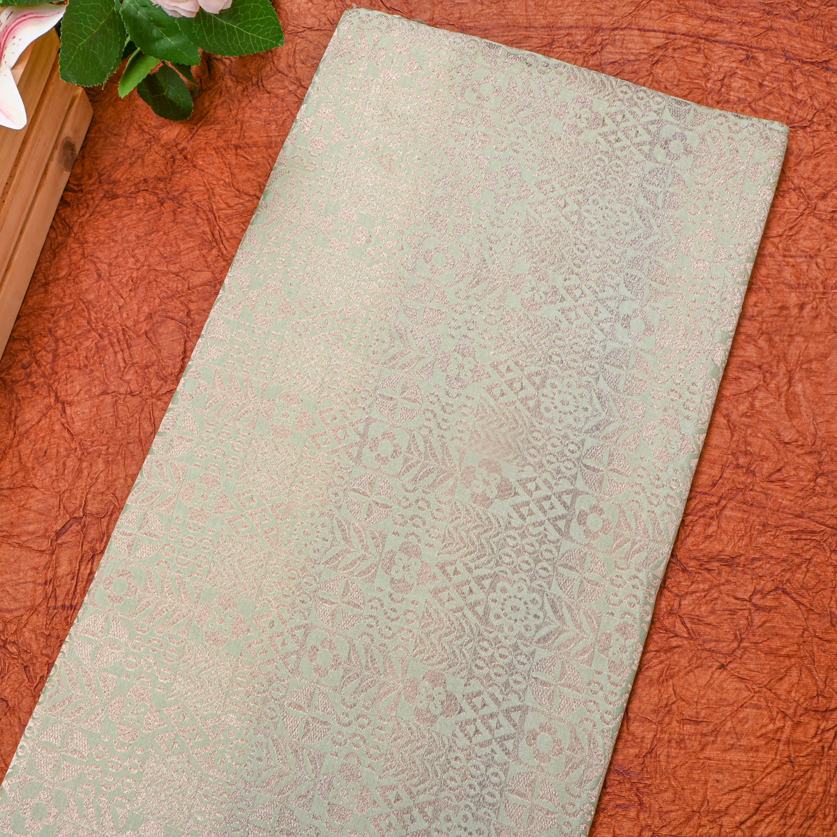 Pastel Green Geometric Weave Jamawar Silk Fabric