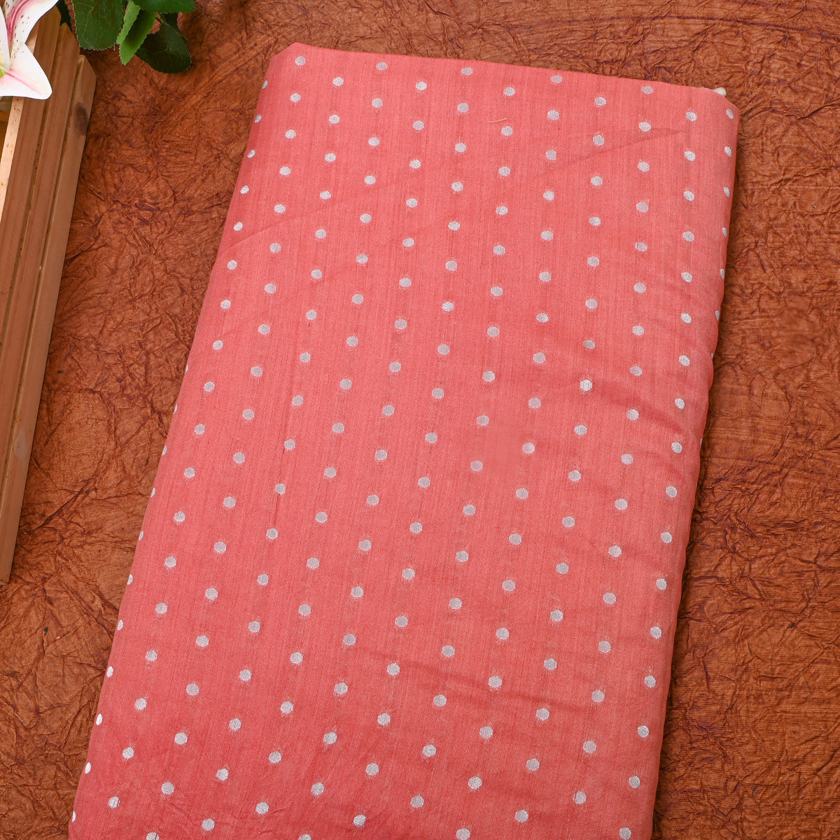 Peach With Silver Zari Dot Butti Banarasi Silk Fabric