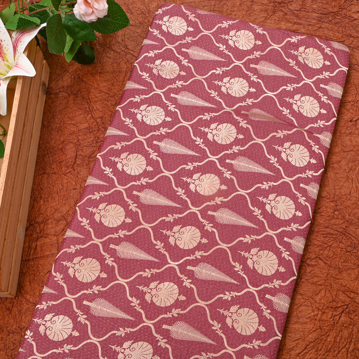 Dusty Rose Gold Zari Trellis Butti Jamawar Silk Fabric