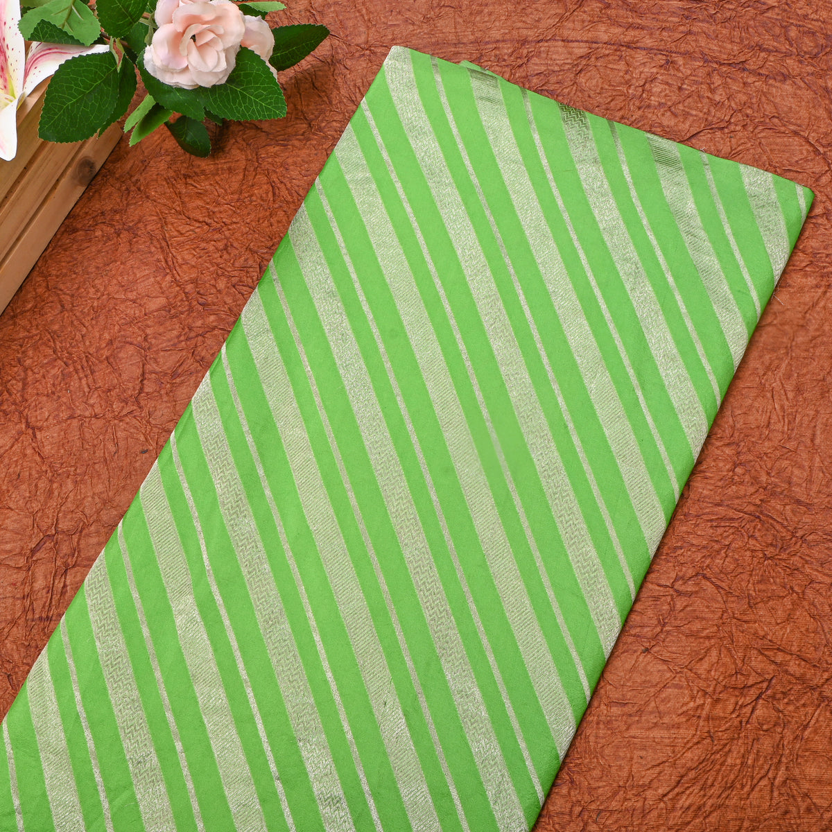 Green Silver Zari Striped Jamawar Silk Fabric