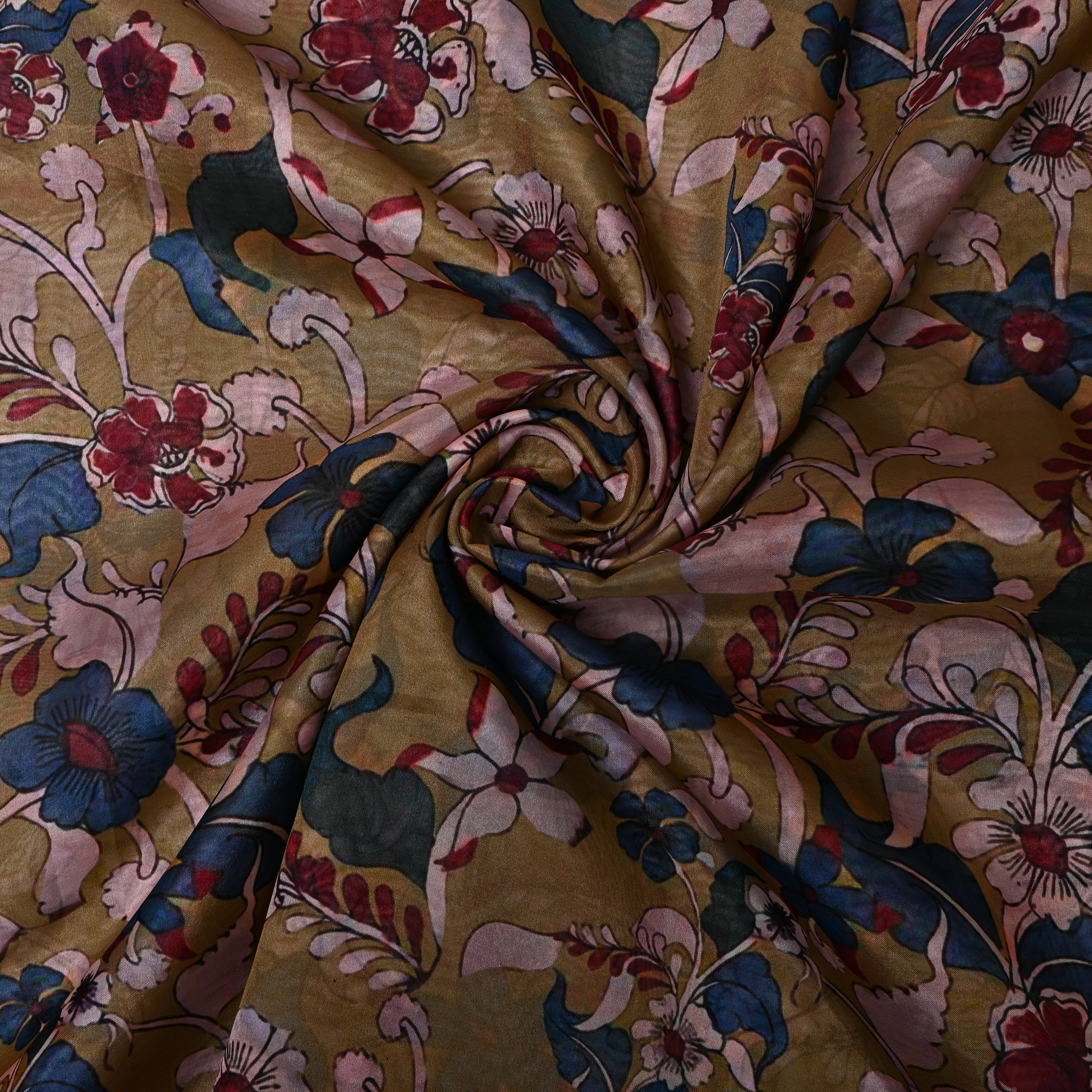 Earthy Brown Floral Vine Printed Silk