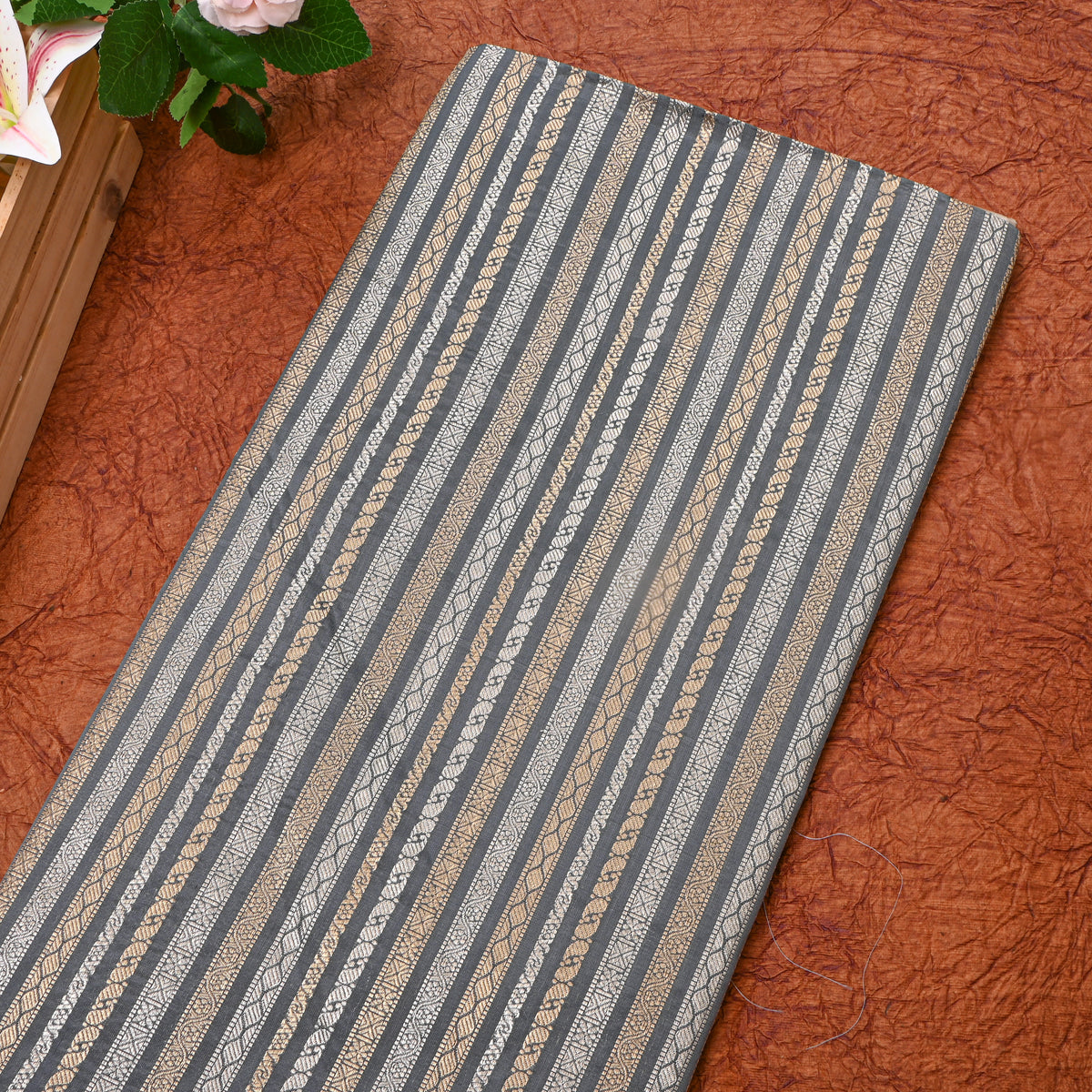 Grey Dual Tone Stripe Banarasi Silk Fabric