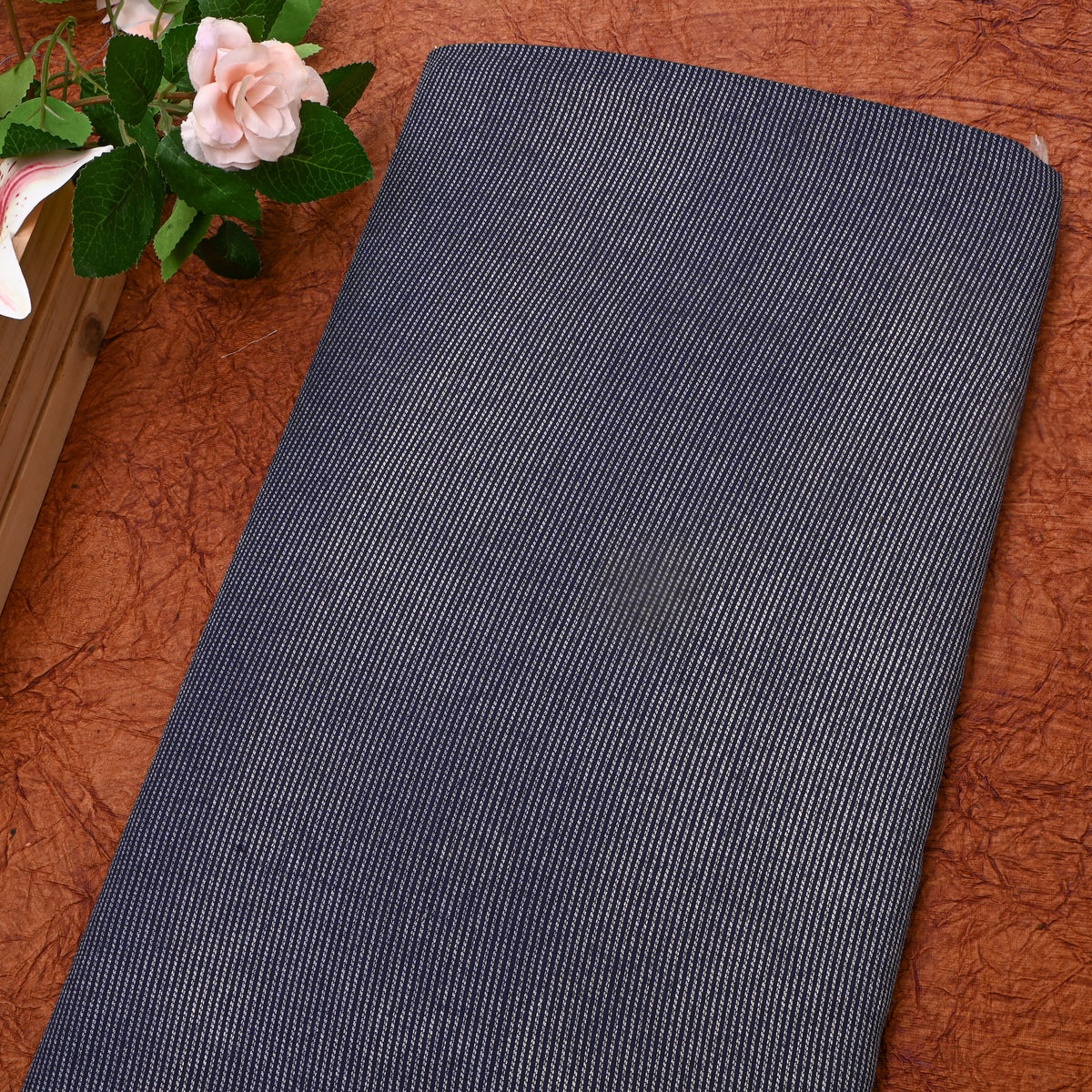 Navy Blue Silver Zari Striped Jamawar Silk Fabric