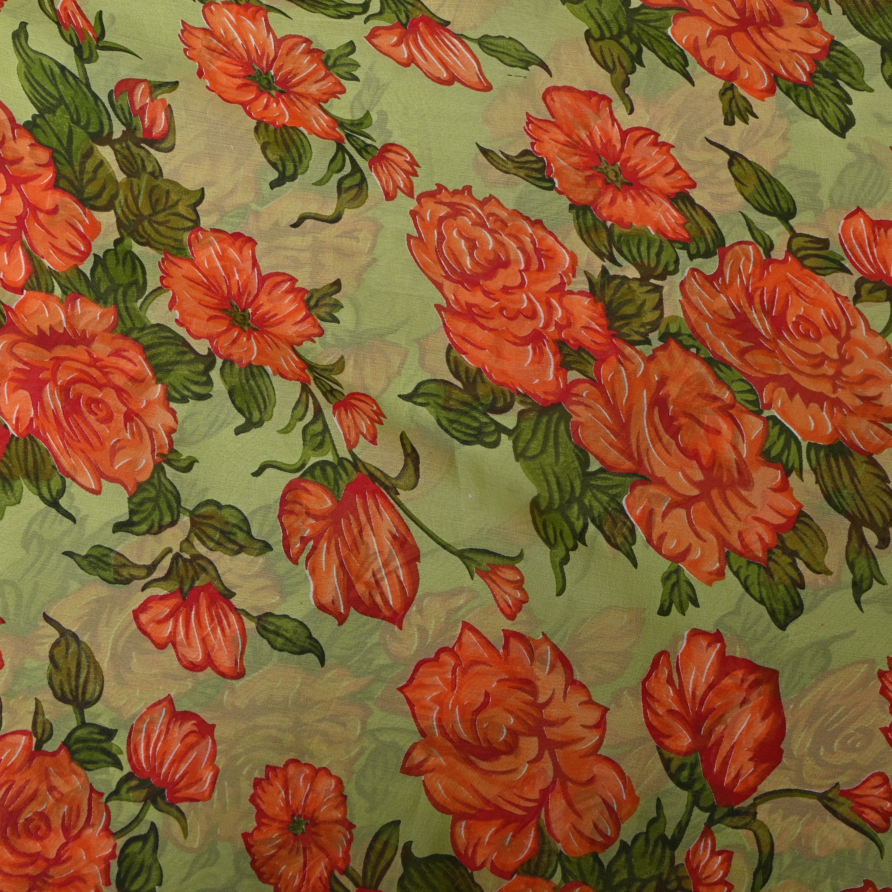 Pistachio Green Chiffon Printed Fabric With Coral Orange Floral Design
