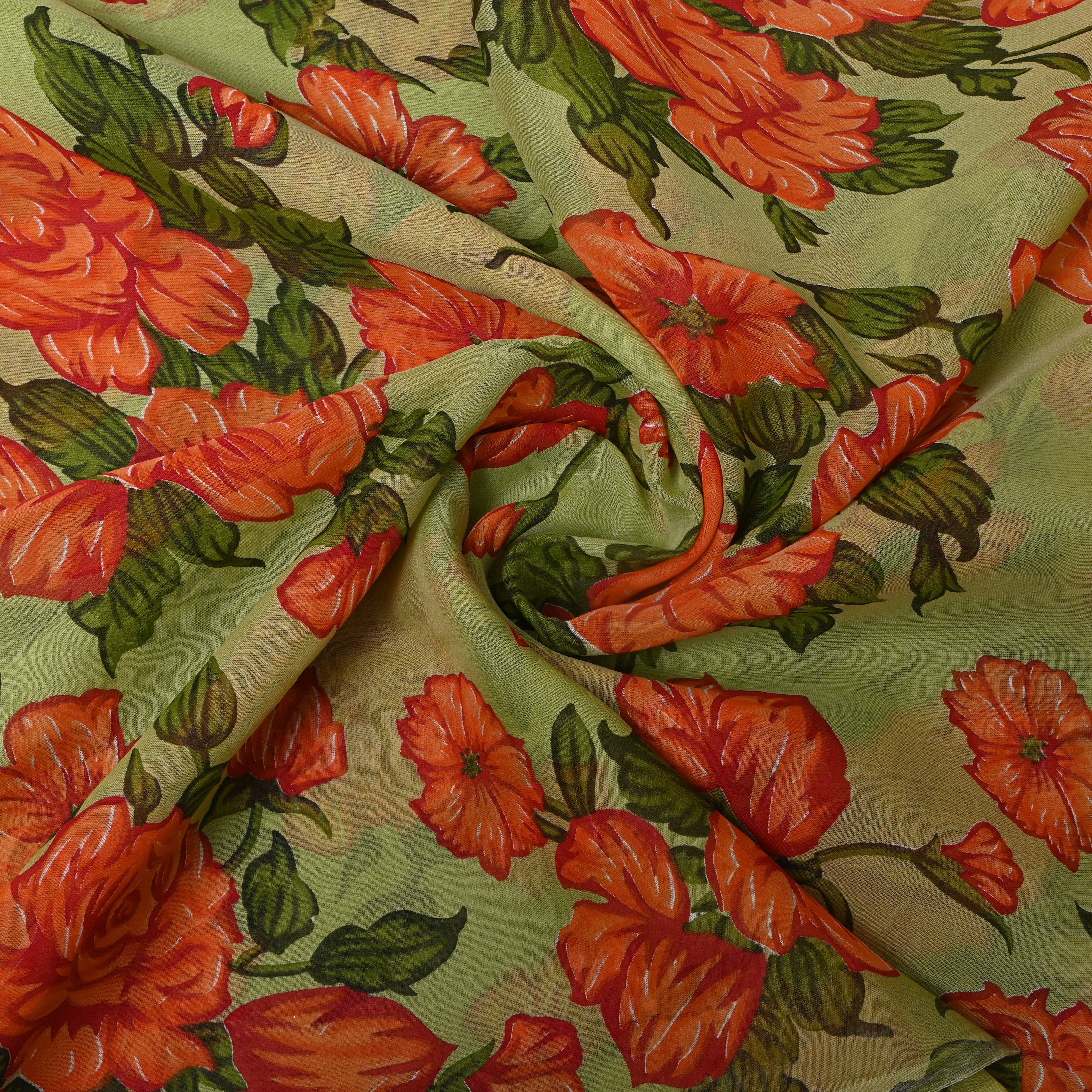 Pistachio Green Chiffon Printed Fabric With Coral Orange Floral Design