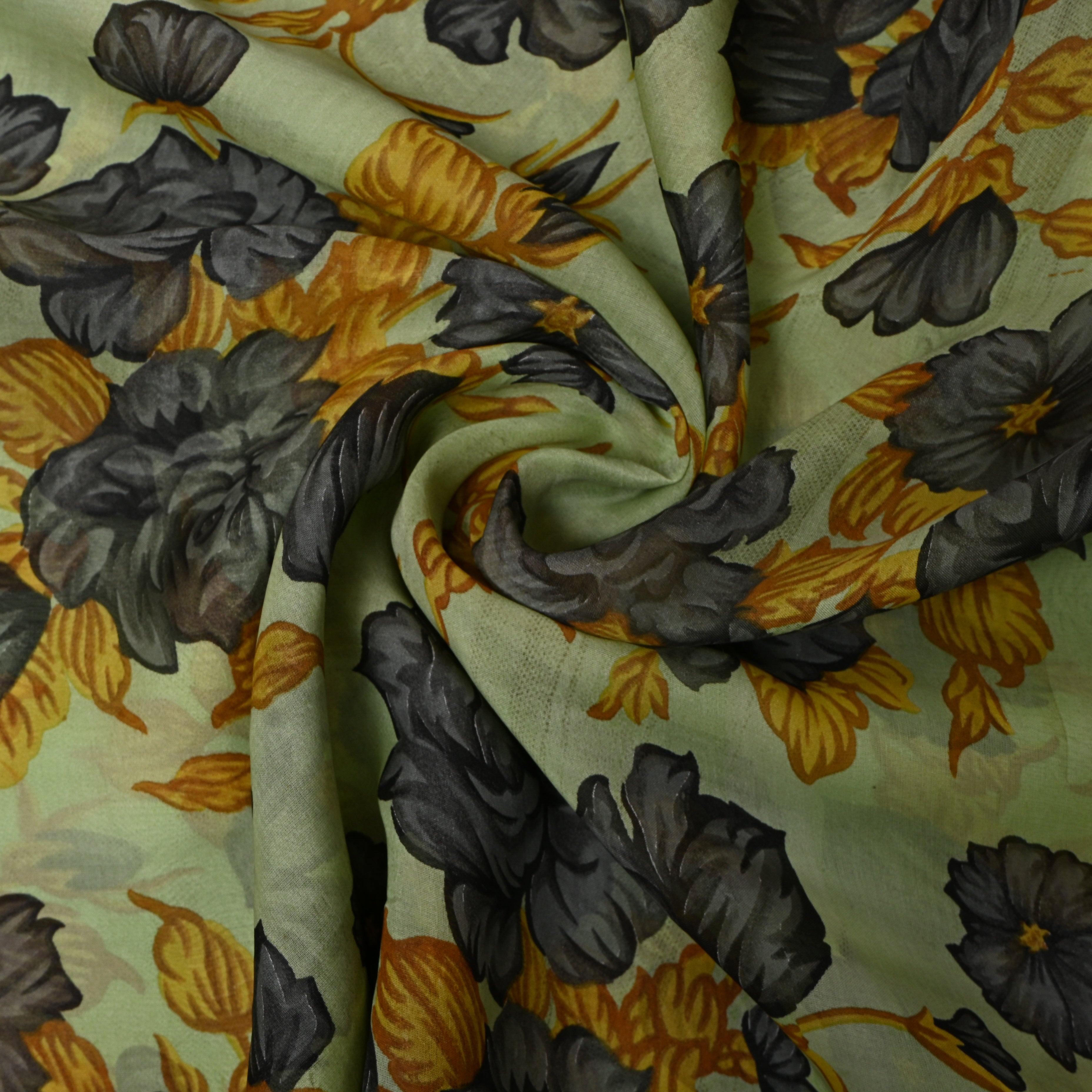 Light Sage Green Chiffon Printed Fabric With Charcoal Grey Floral Design